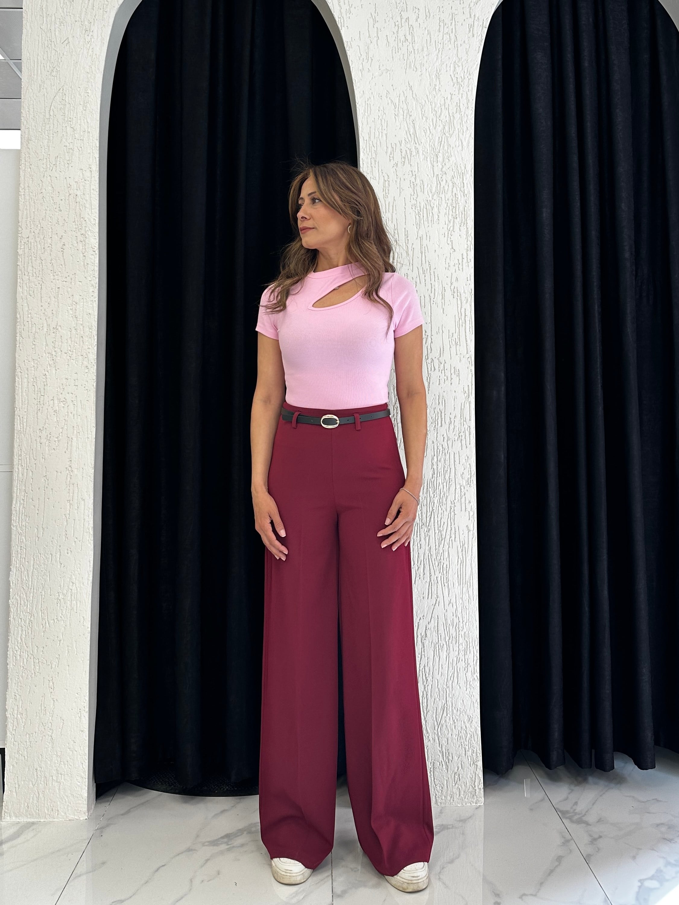 Bordo İnce Kemerli Likralı Palazzo Kadın Pantolon