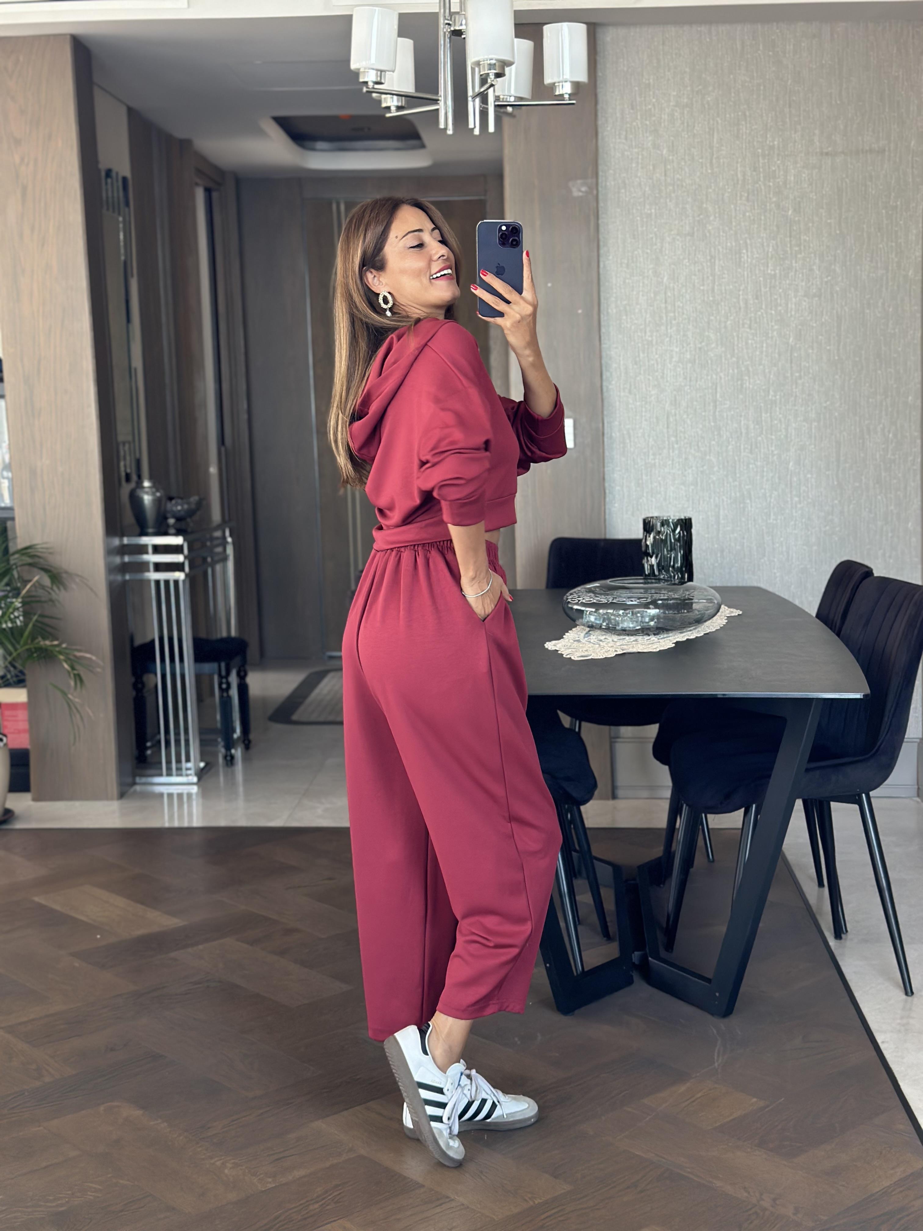 Bordo Kapüşonlu Sweat Düz Paça Pantolon Kadın İkili Takım