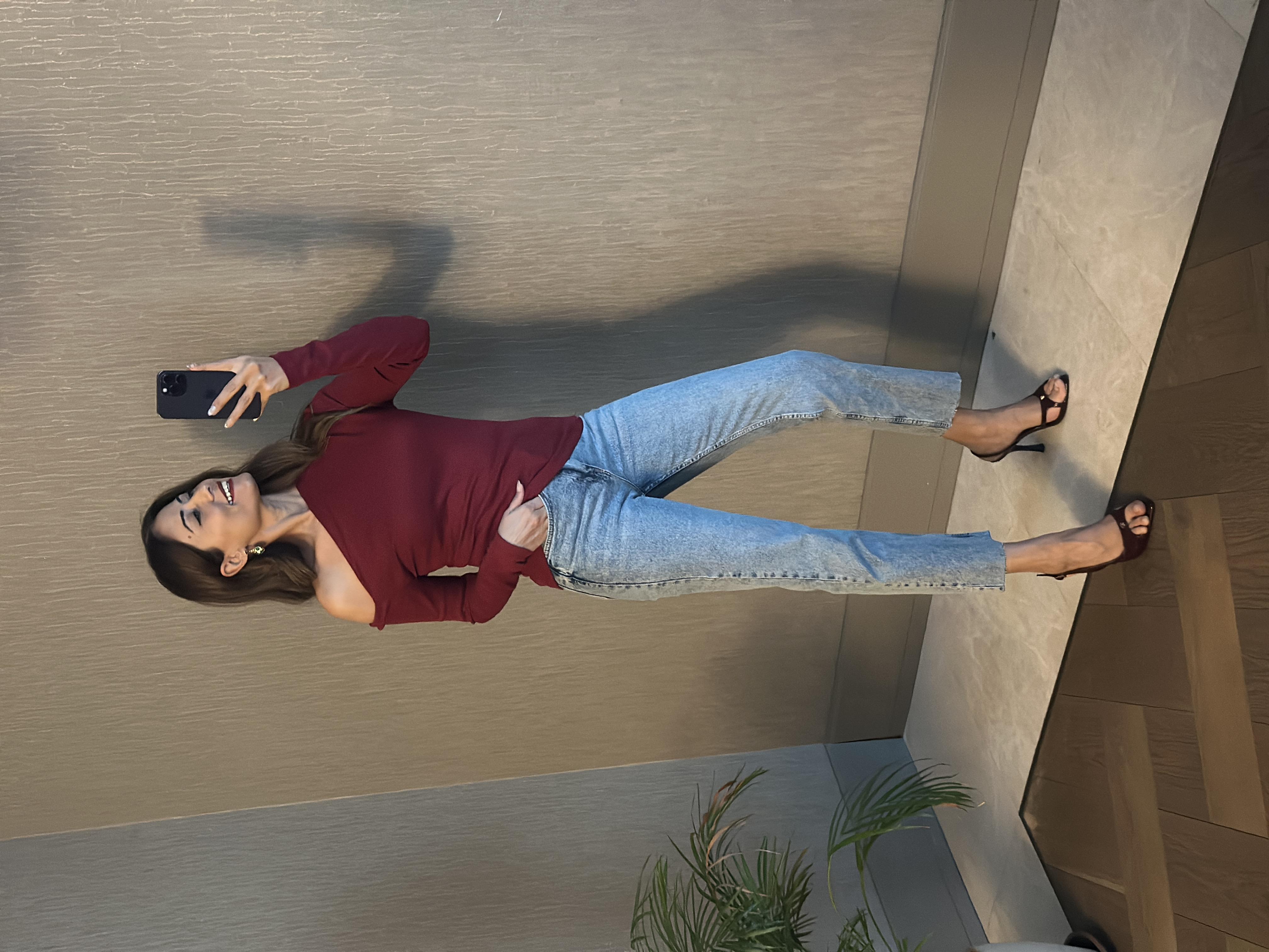 Bordo Karol Asimetrik Yaka Uzun Kollu Kadın Body