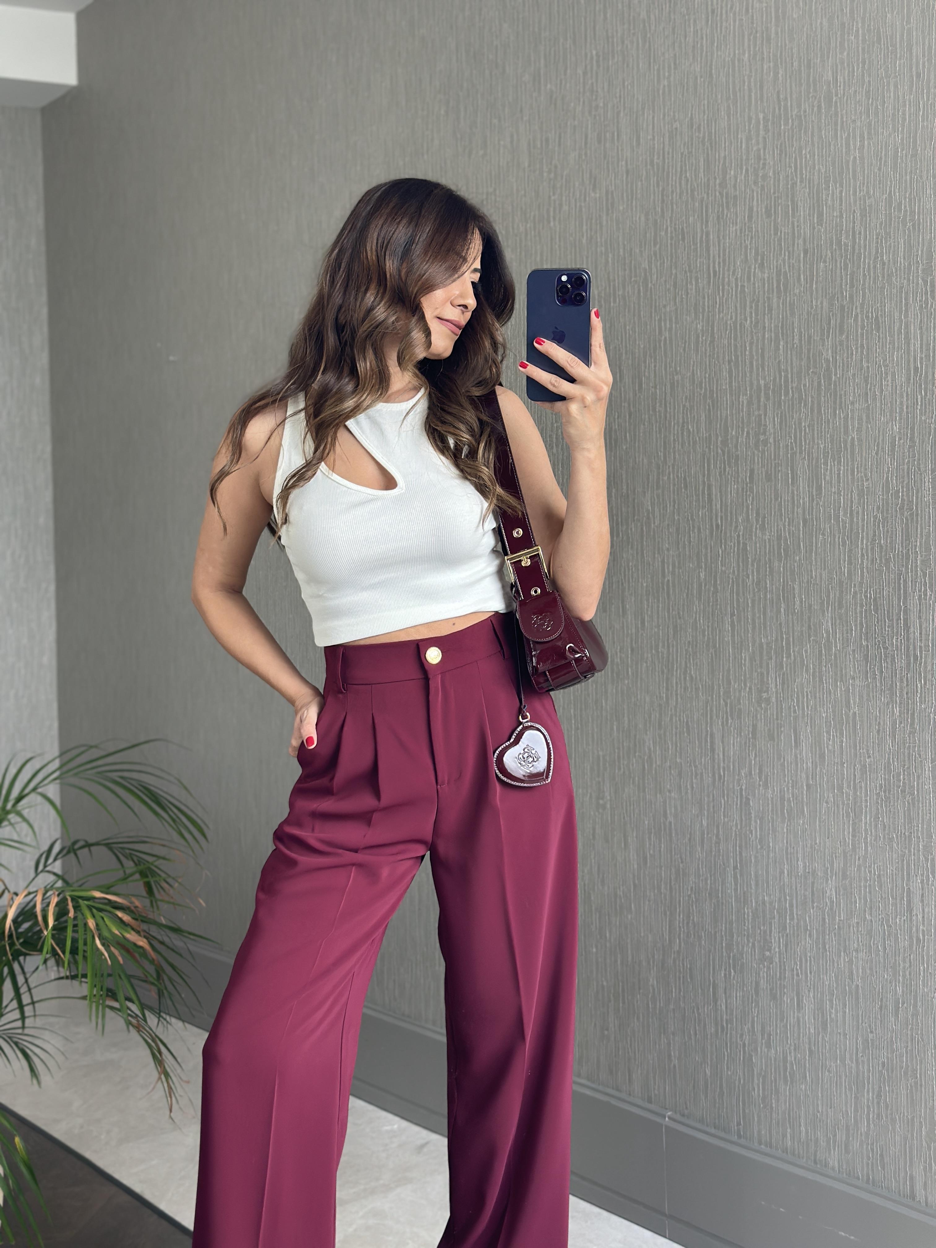 Bordo Karol Gold Düğmeli Arka Beli Lastikli Geniş Paça Kumaş Kadın Pantolon