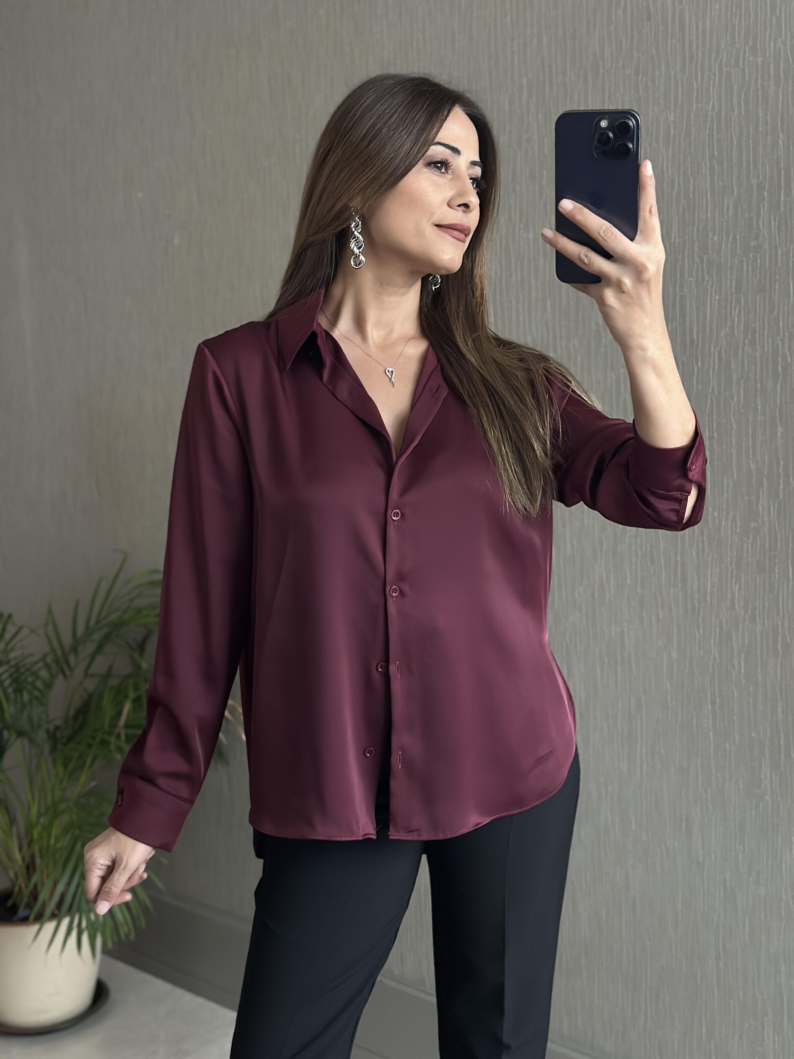 Bordo Karol Uzun Kol Saten Kadın Gömlek