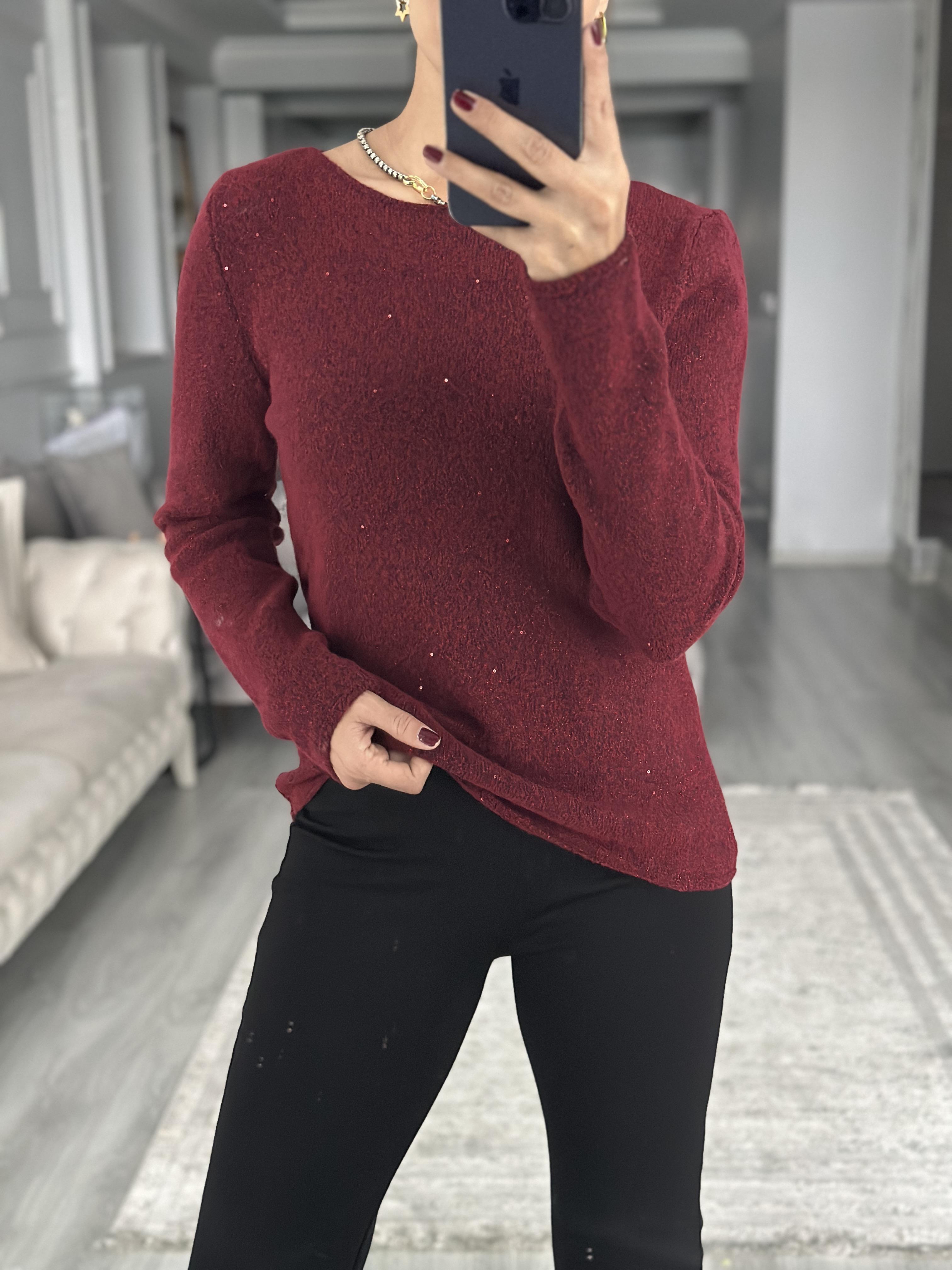 Bordo Kayık Yaka Uzun Kol Pullu Simli Triko Kadın Kazak