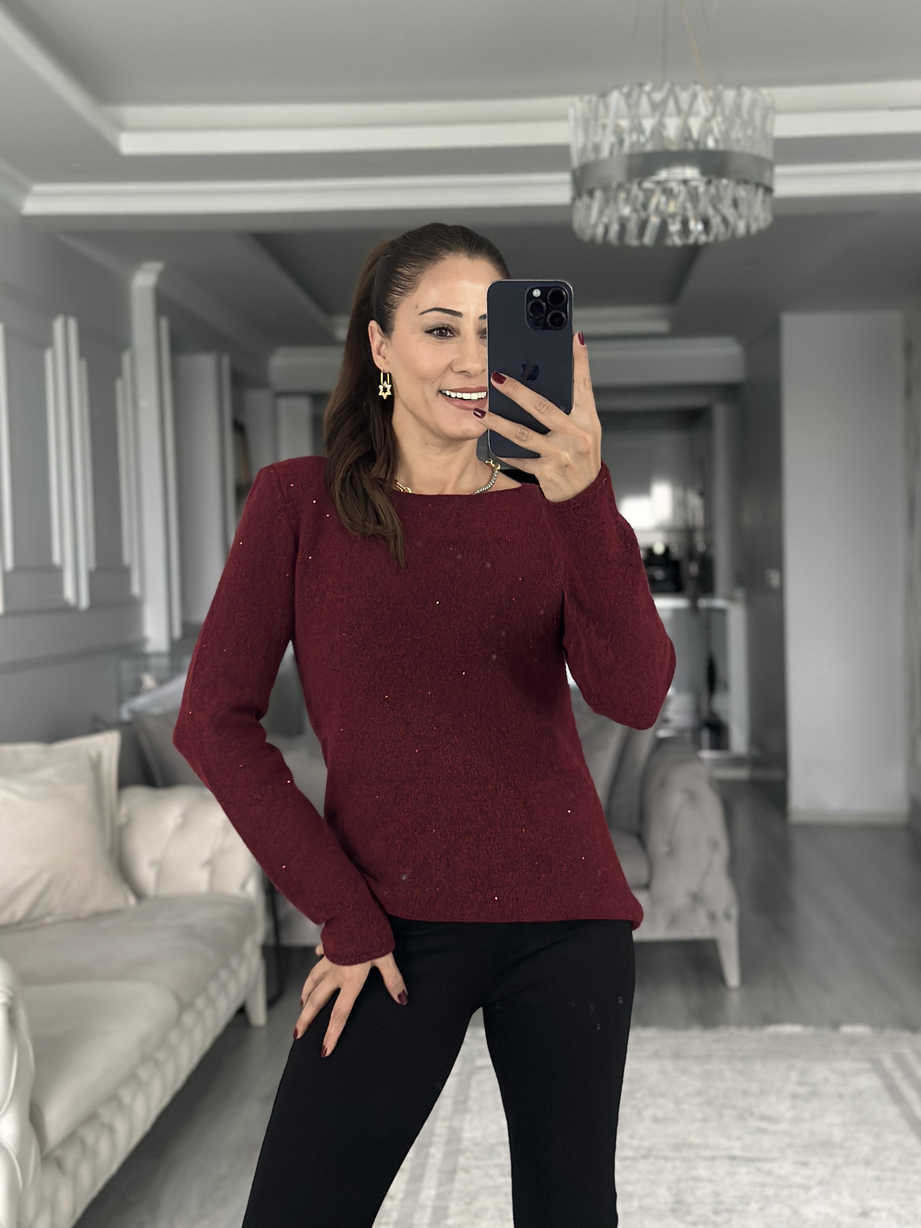 Bordo Kayık Yaka Uzun Kol Pullu Simli Triko Kadın Kazak