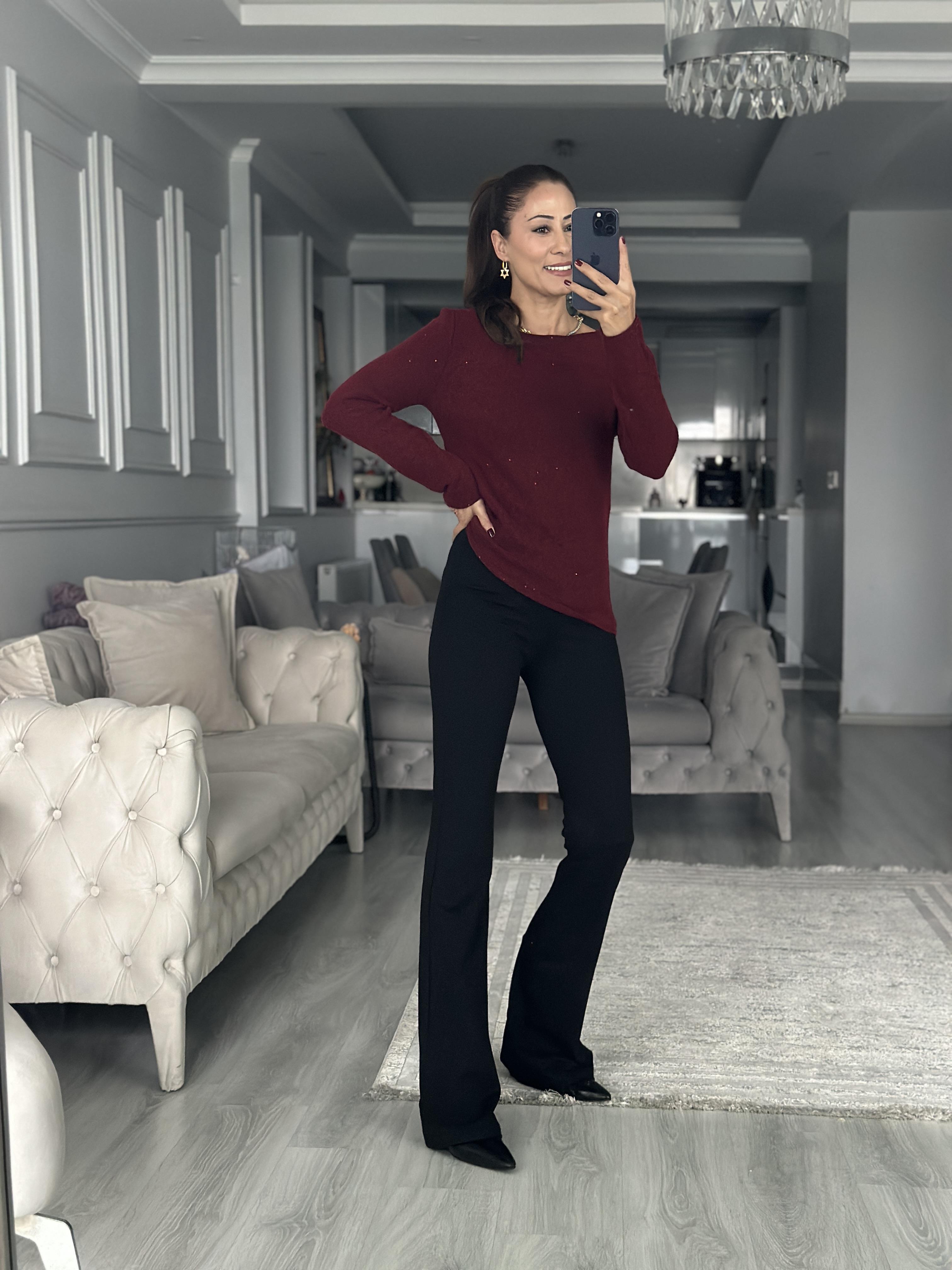 Bordo Kayık Yaka Uzun Kol Pullu Simli Triko Kadın Kazak