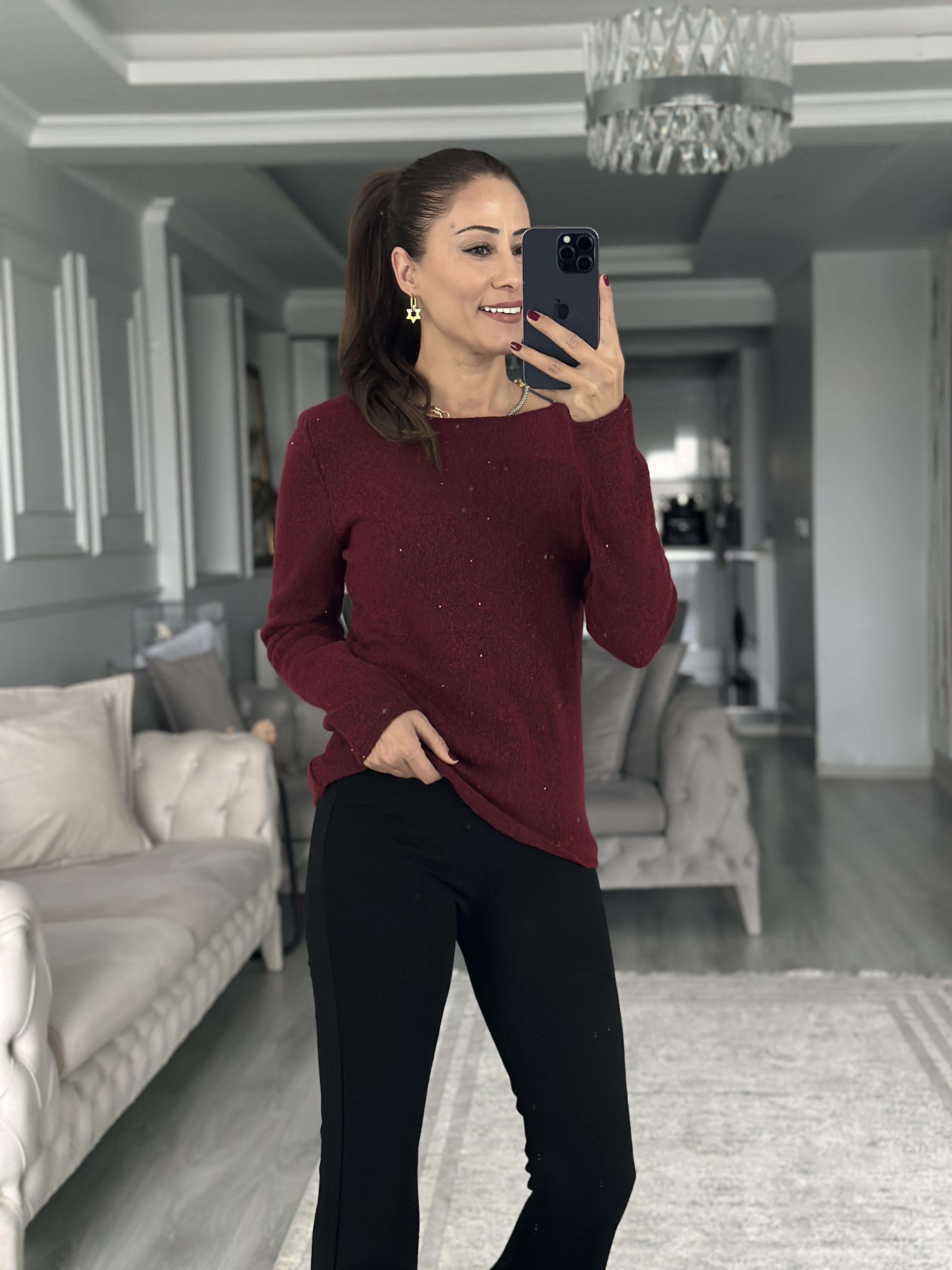 Bordo Kayık Yaka Uzun Kol Pullu Simli Triko Kadın Kazak