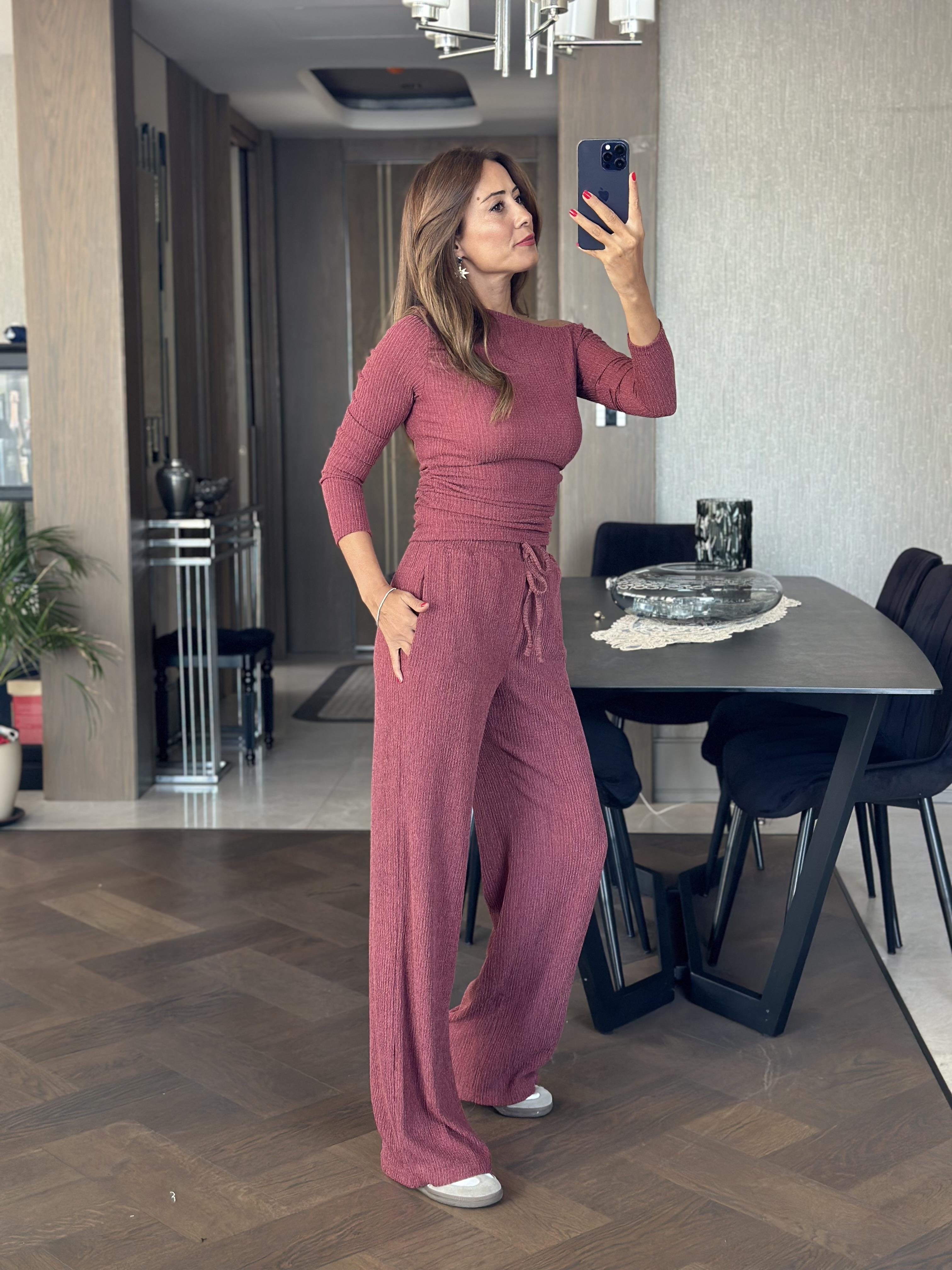 Bordo Kayık Yaka Yanı Büzgülü Bluz Pantolon Kadın Alt Üst Takım