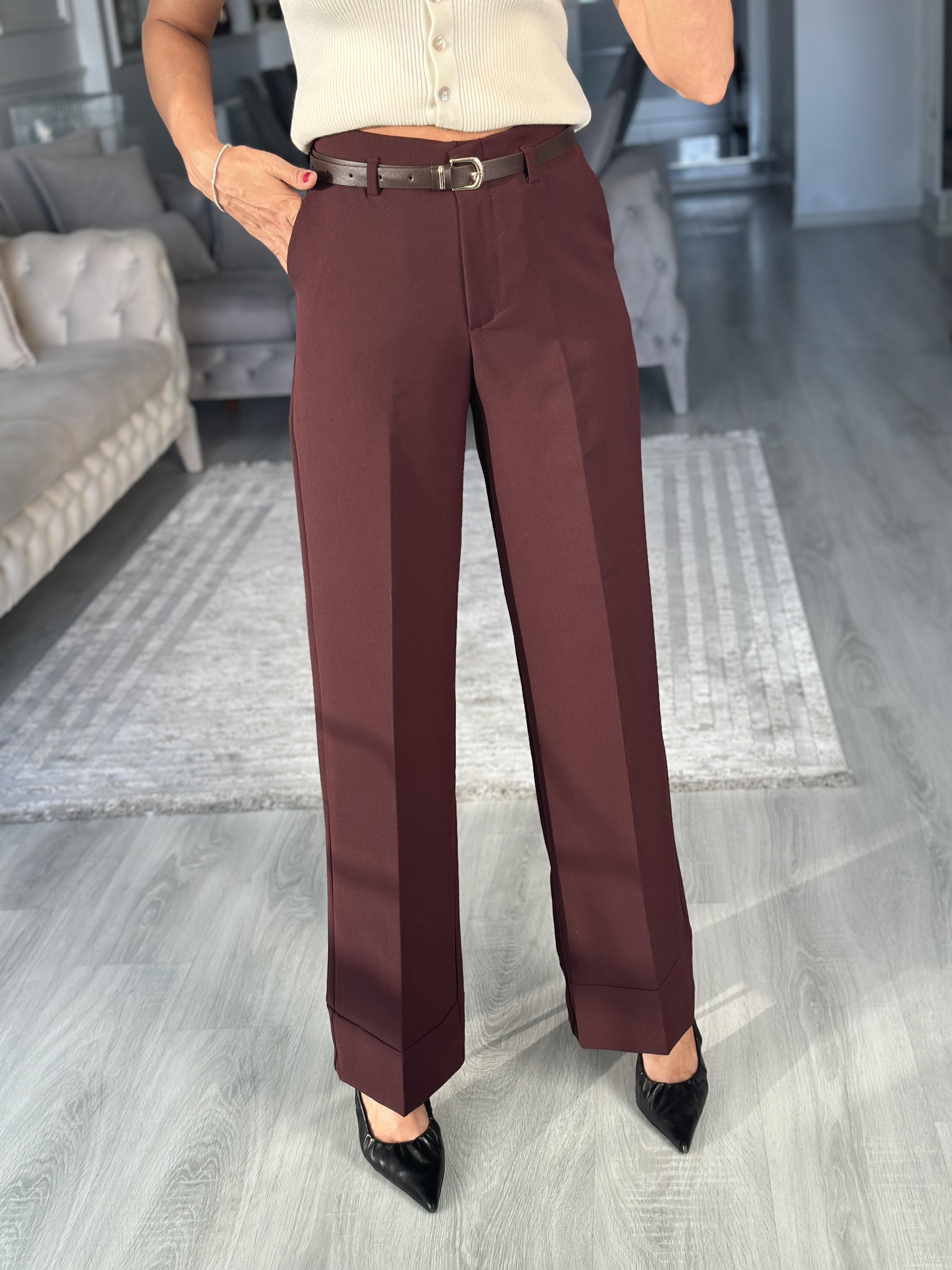 Bordo Kemerli Cepli Manşetli Paça Kadın Kumaş Pantolon