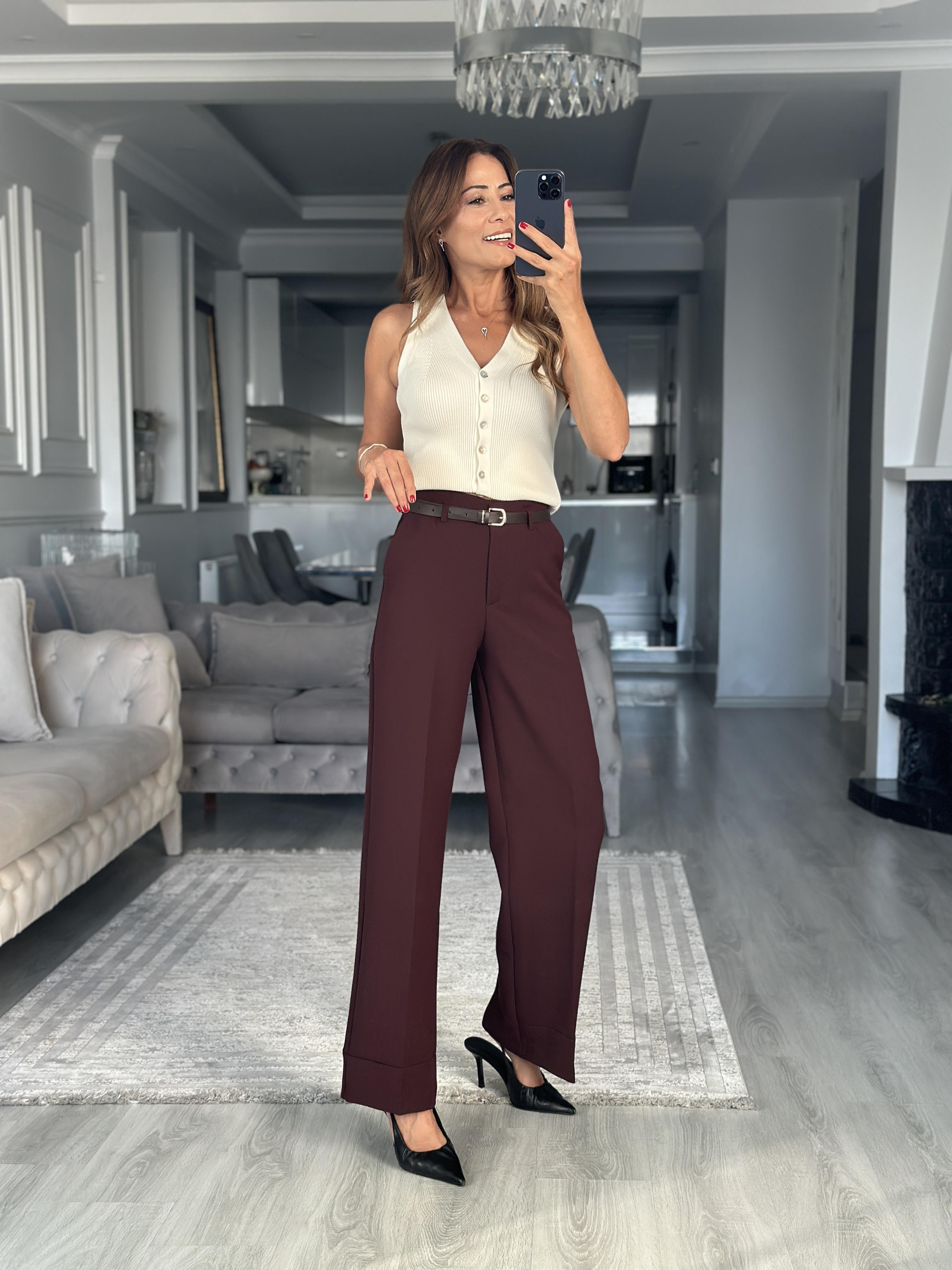 Bordo Kemerli Cepli Manşetli Paça Kadın Kumaş Pantolon