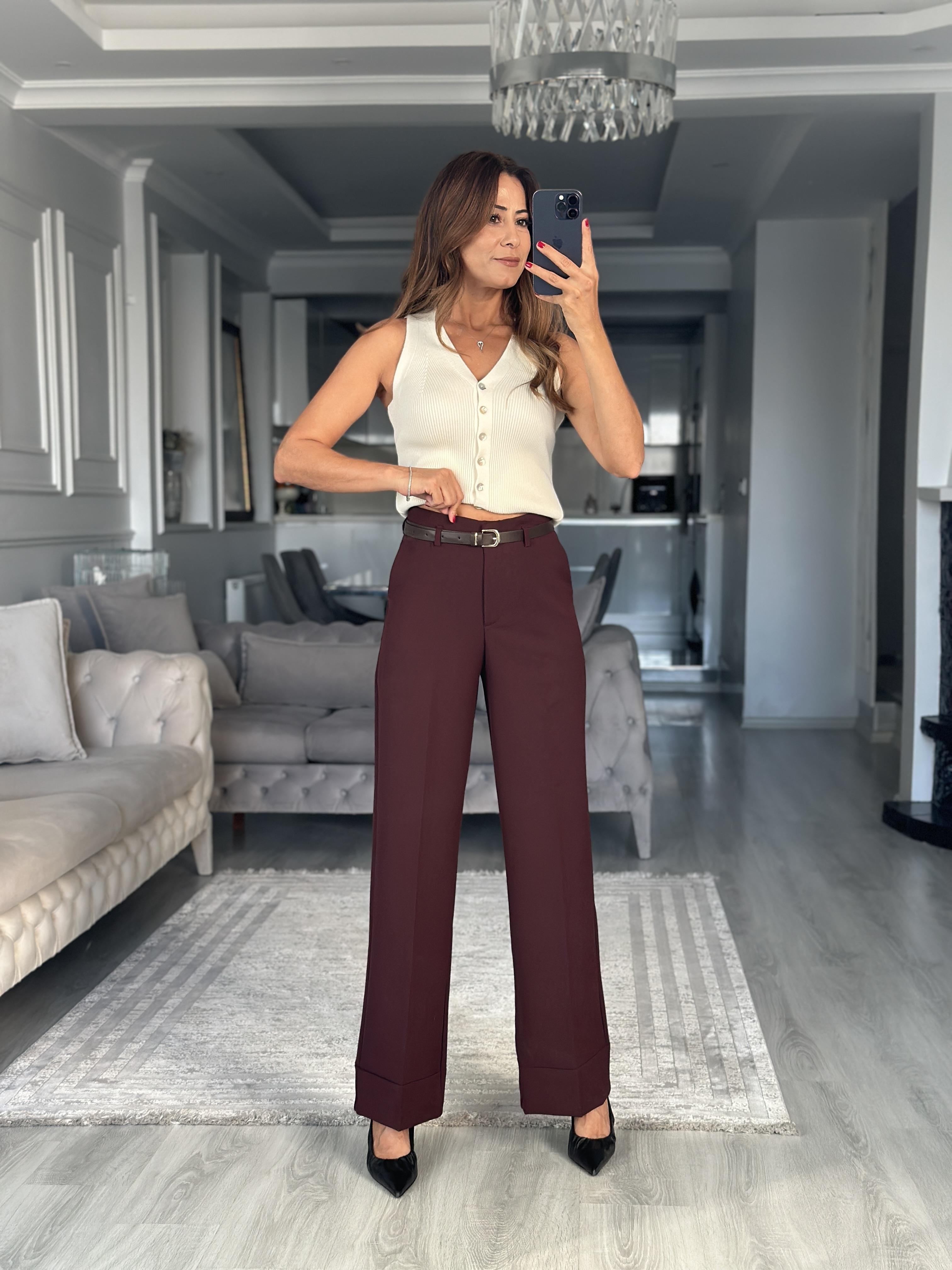 Bordo Kemerli Cepli Manşetli Paça Kadın Kumaş Pantolon
