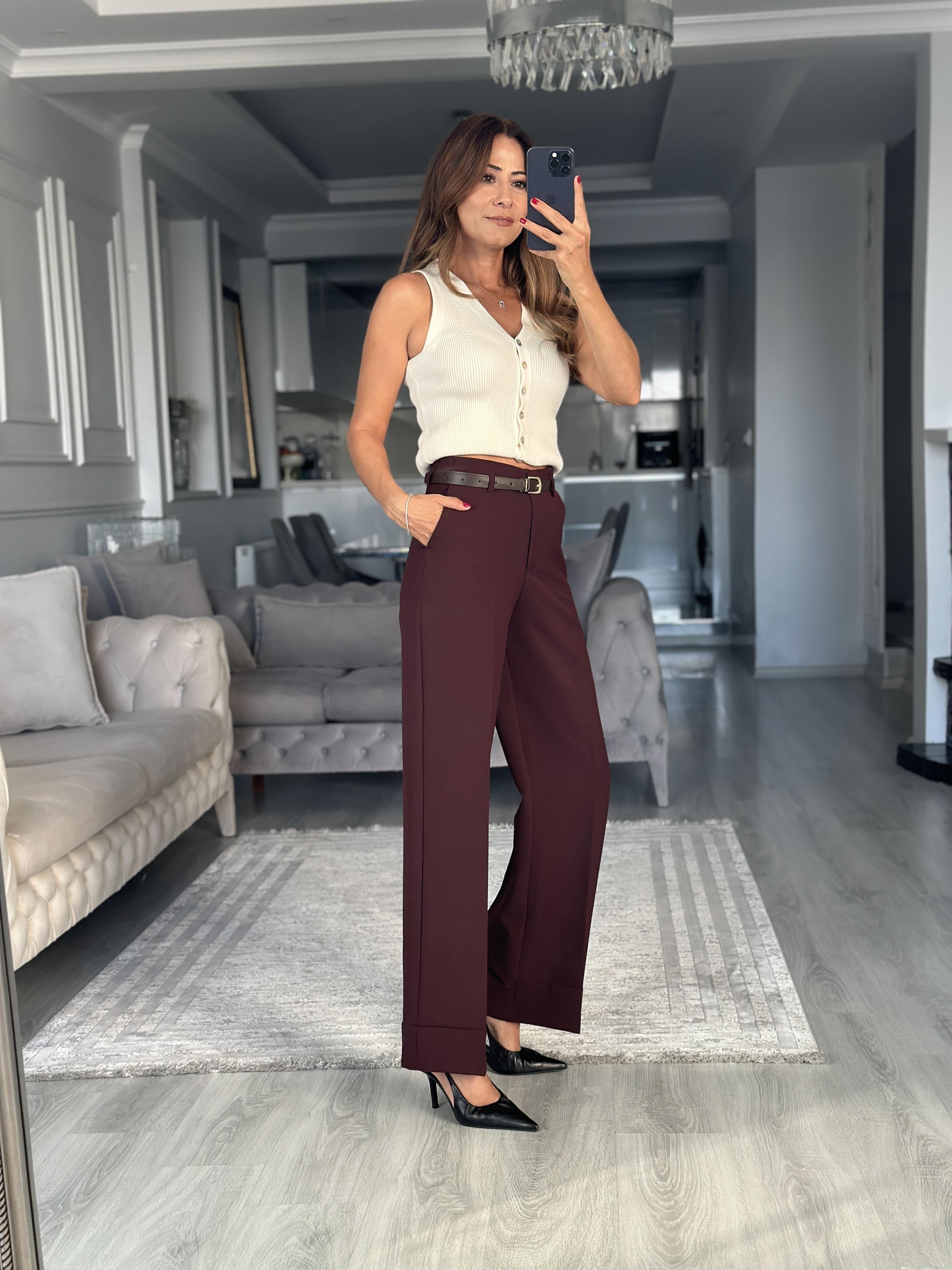 Bordo Kemerli Cepli Manşetli Paça Kadın Kumaş Pantolon