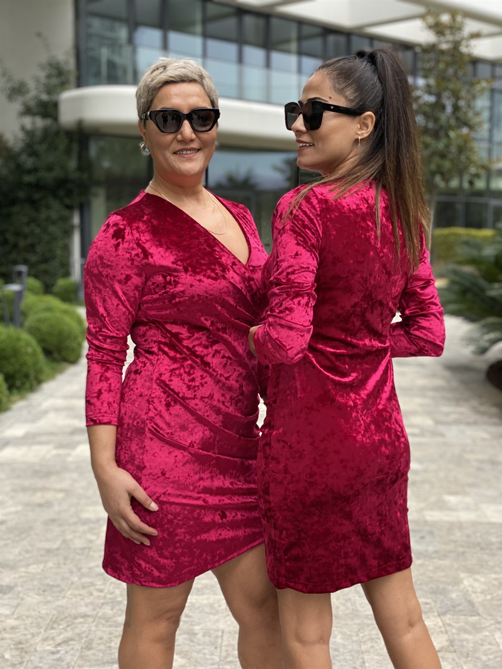 Bordo Kruvaze Yaka Uzun Kol Kadife Kadın Elbise