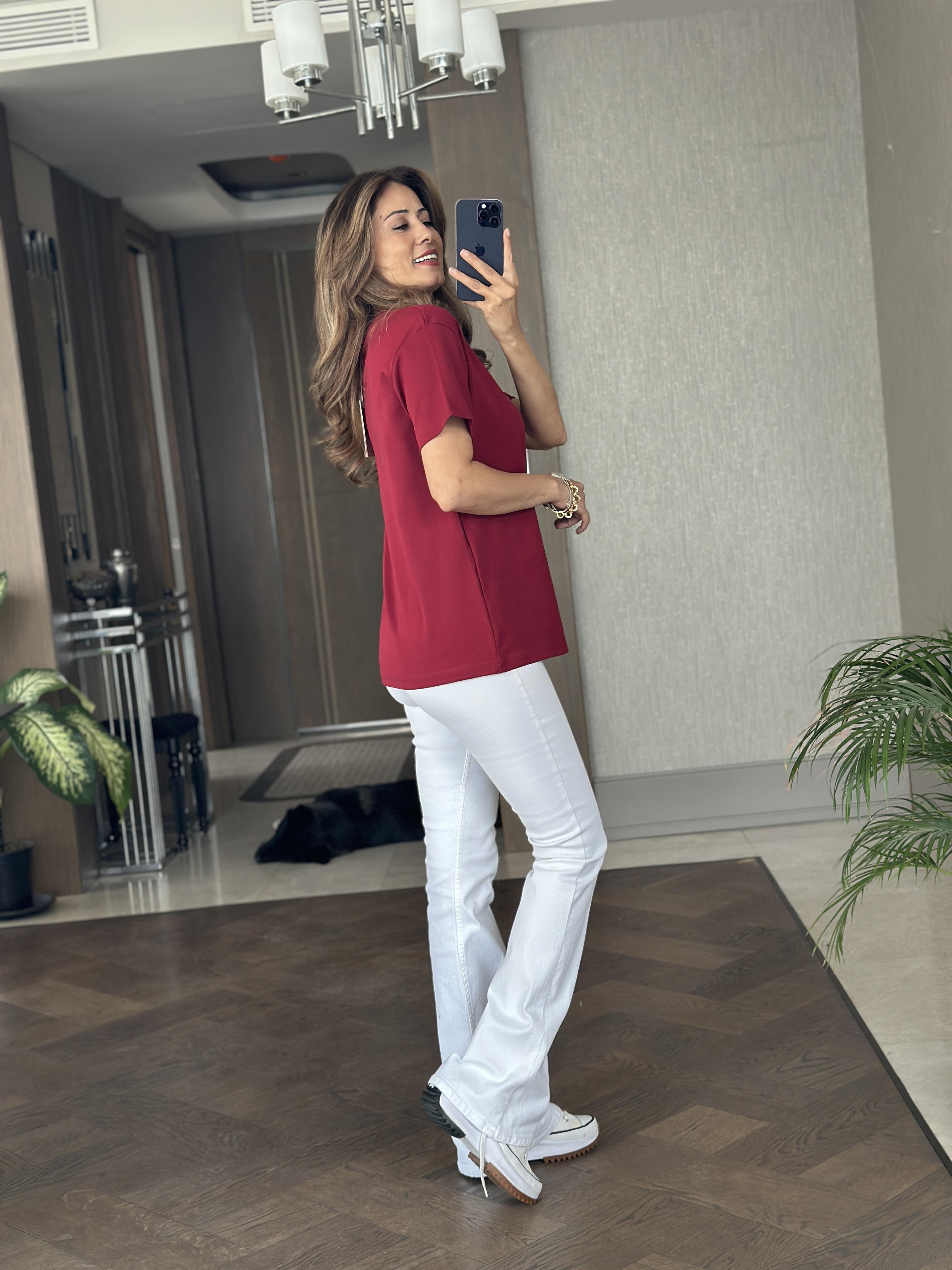 Bordo Kuş Taşlı Bisiklet Yaka Kısa Kol Kadın T-Shirt