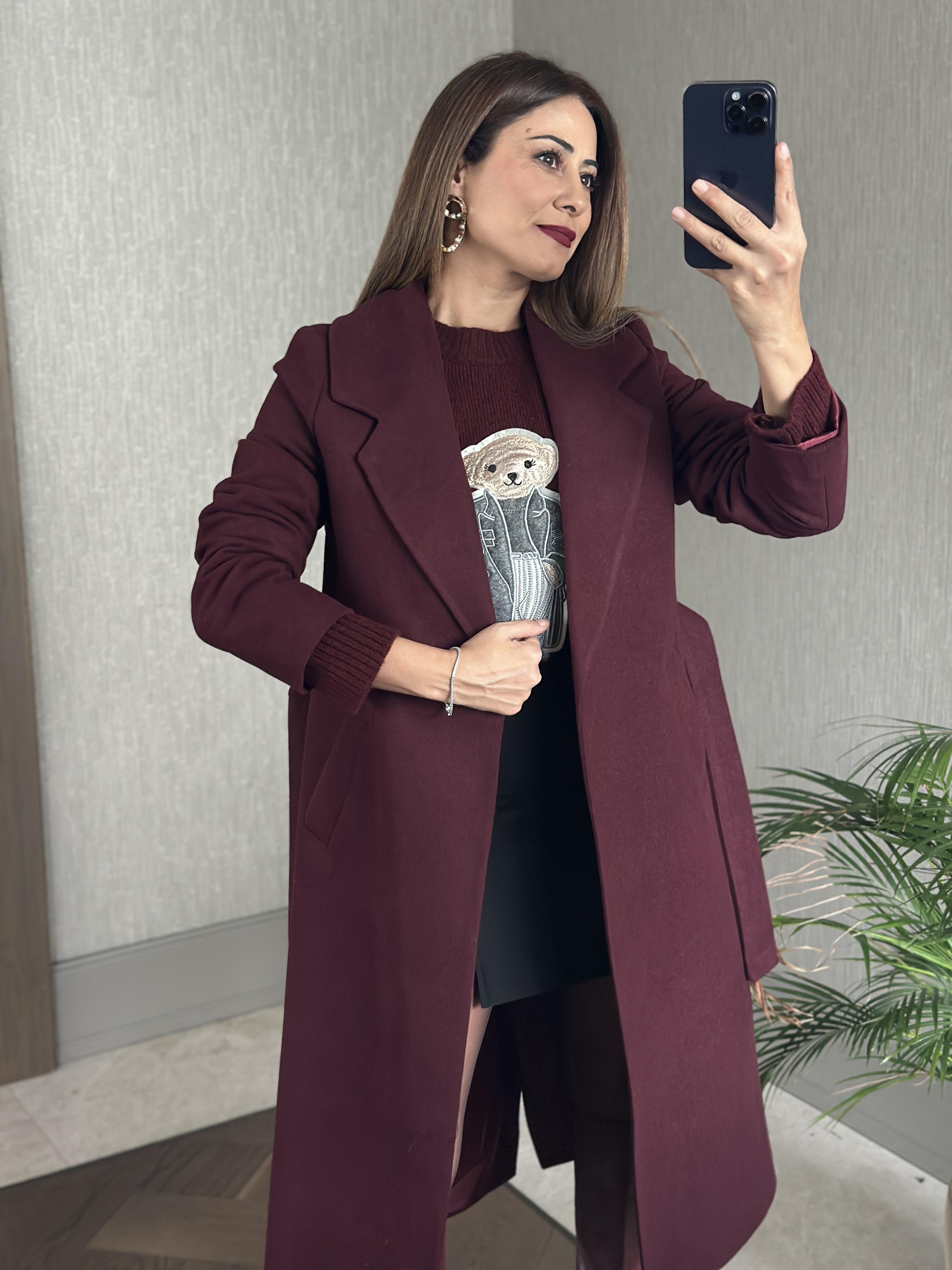 Bordo Kuşaklı Kesik Yaka Kaşe Kadın Kaban