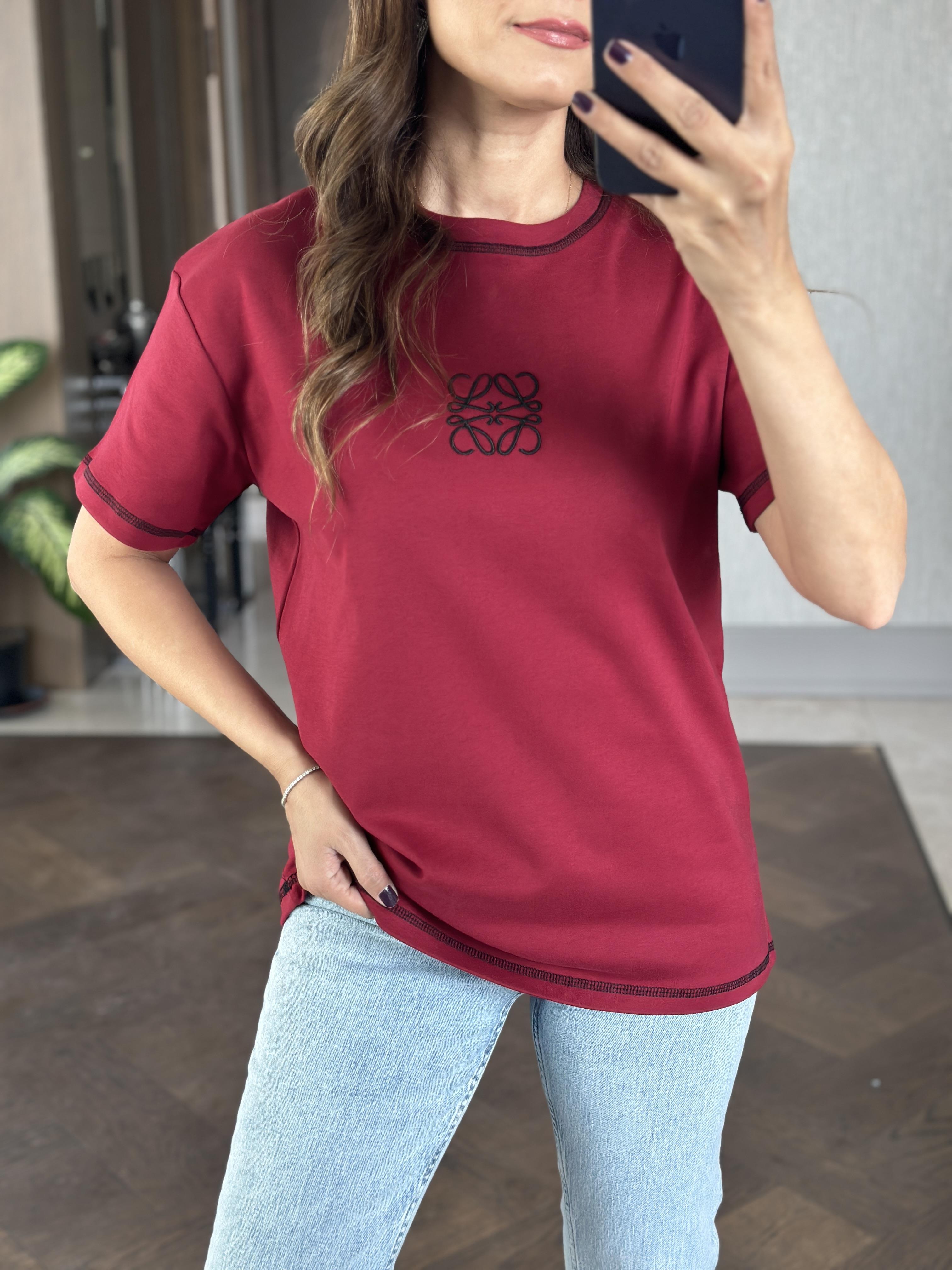 Bordo Kare Nakış Detay Bisiklet Yaka Kadın T-Shirt