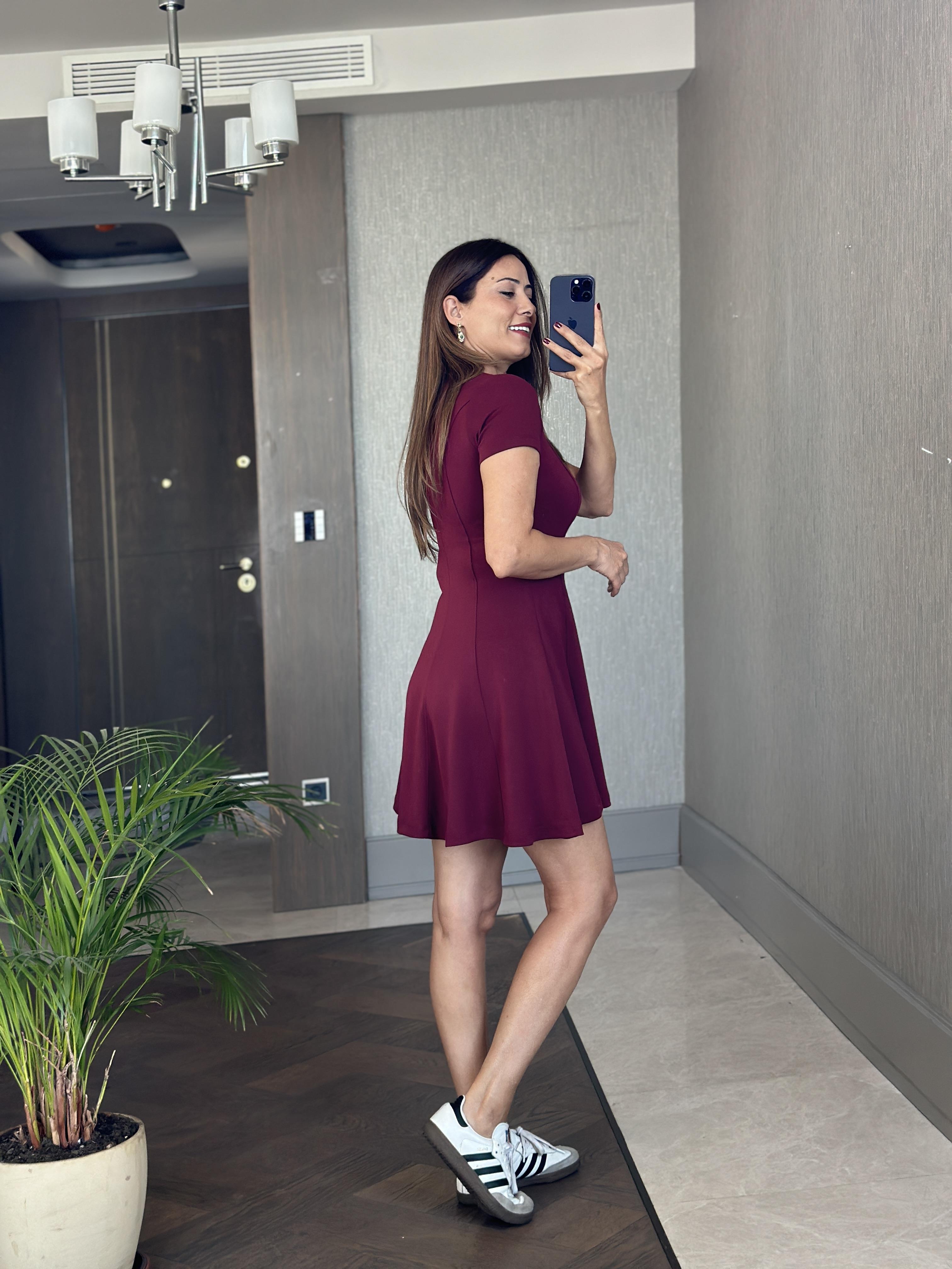 Bordo Modal Kısa Kol Dikiş Detay Kadın Mini  Kloş Elbise