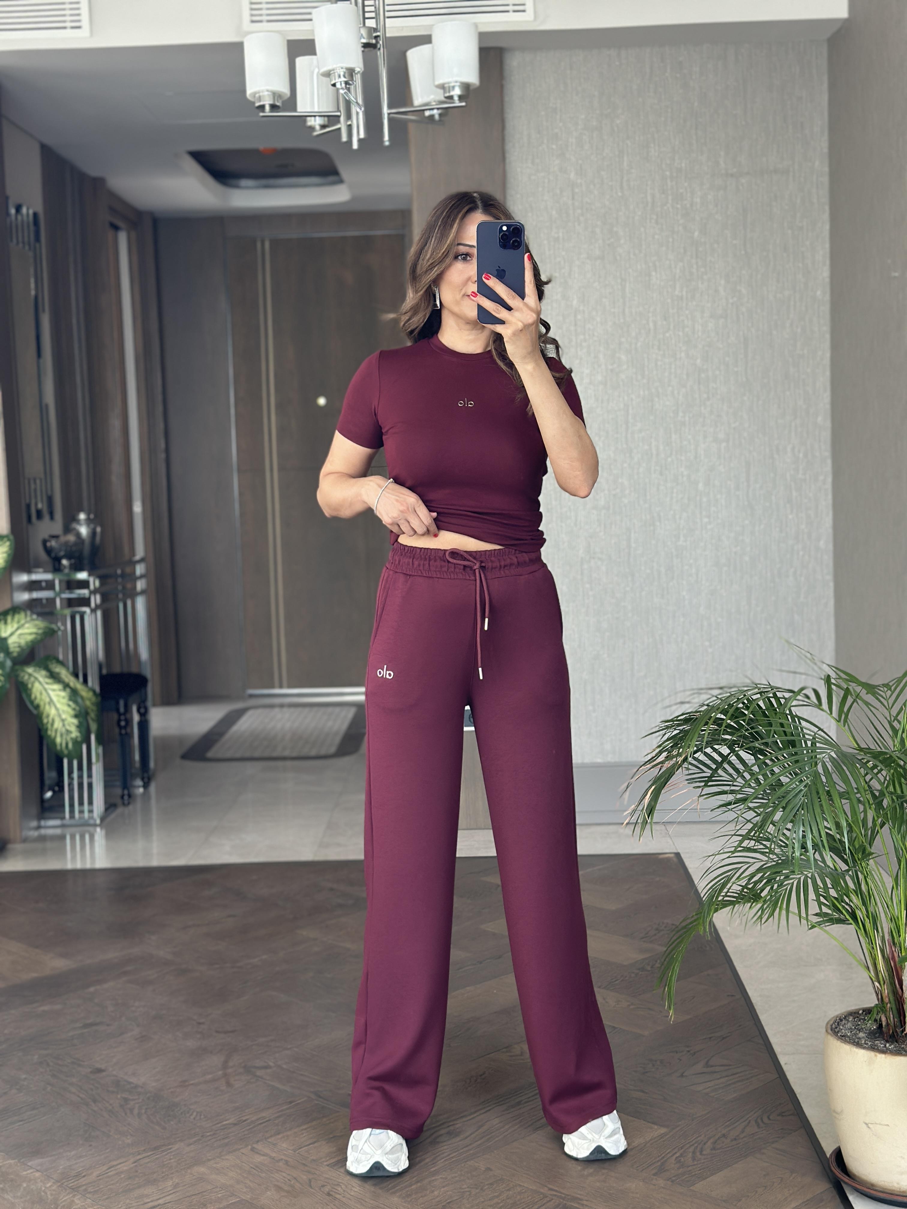 Bordo Modal Logo Detay Bol Paça Kadın Eşofman Altı