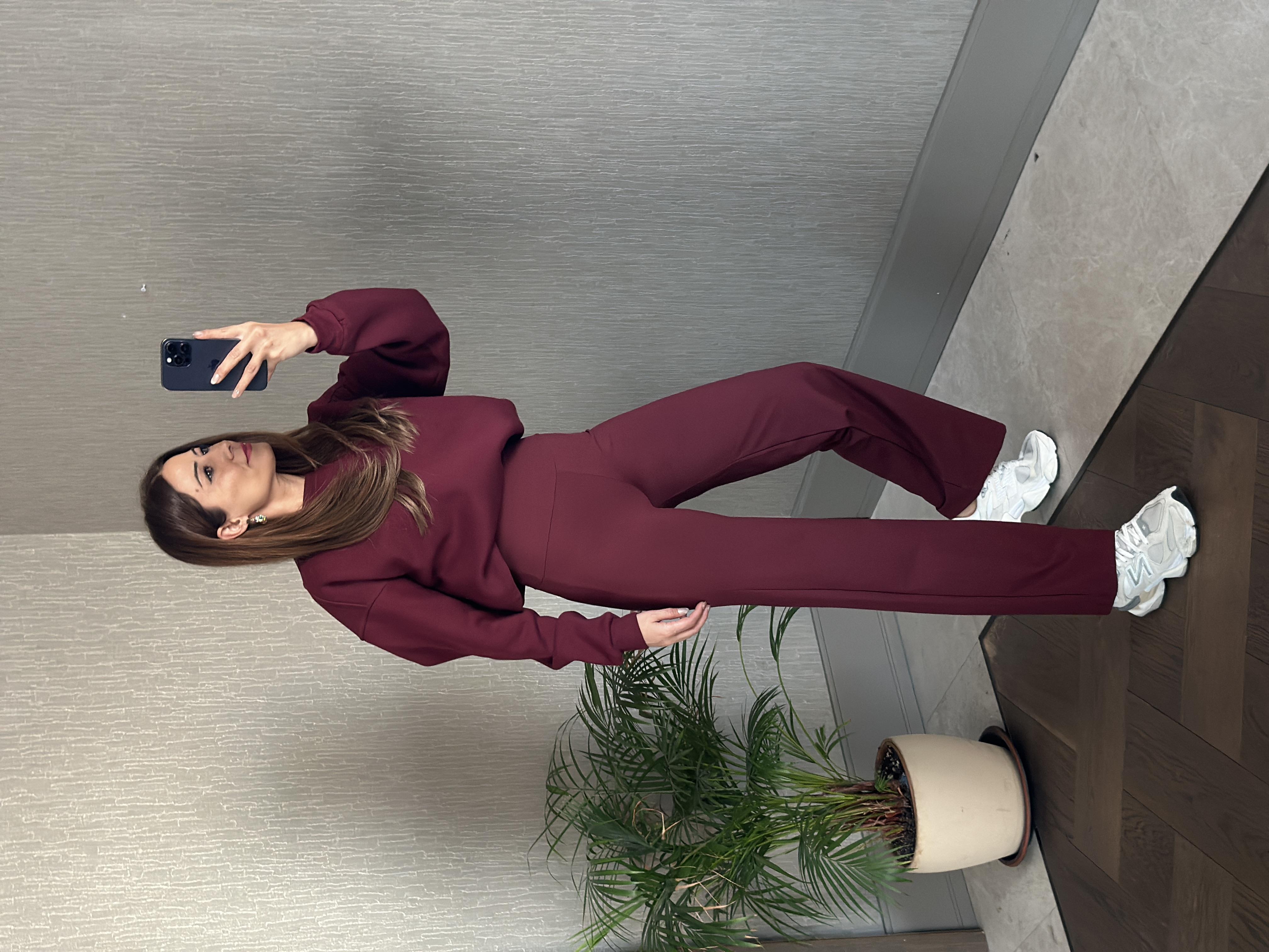 Bordo Omzu Dikiş Detaylı Bisiklet Yaka Şardonlu Kadın Sweatshirt
