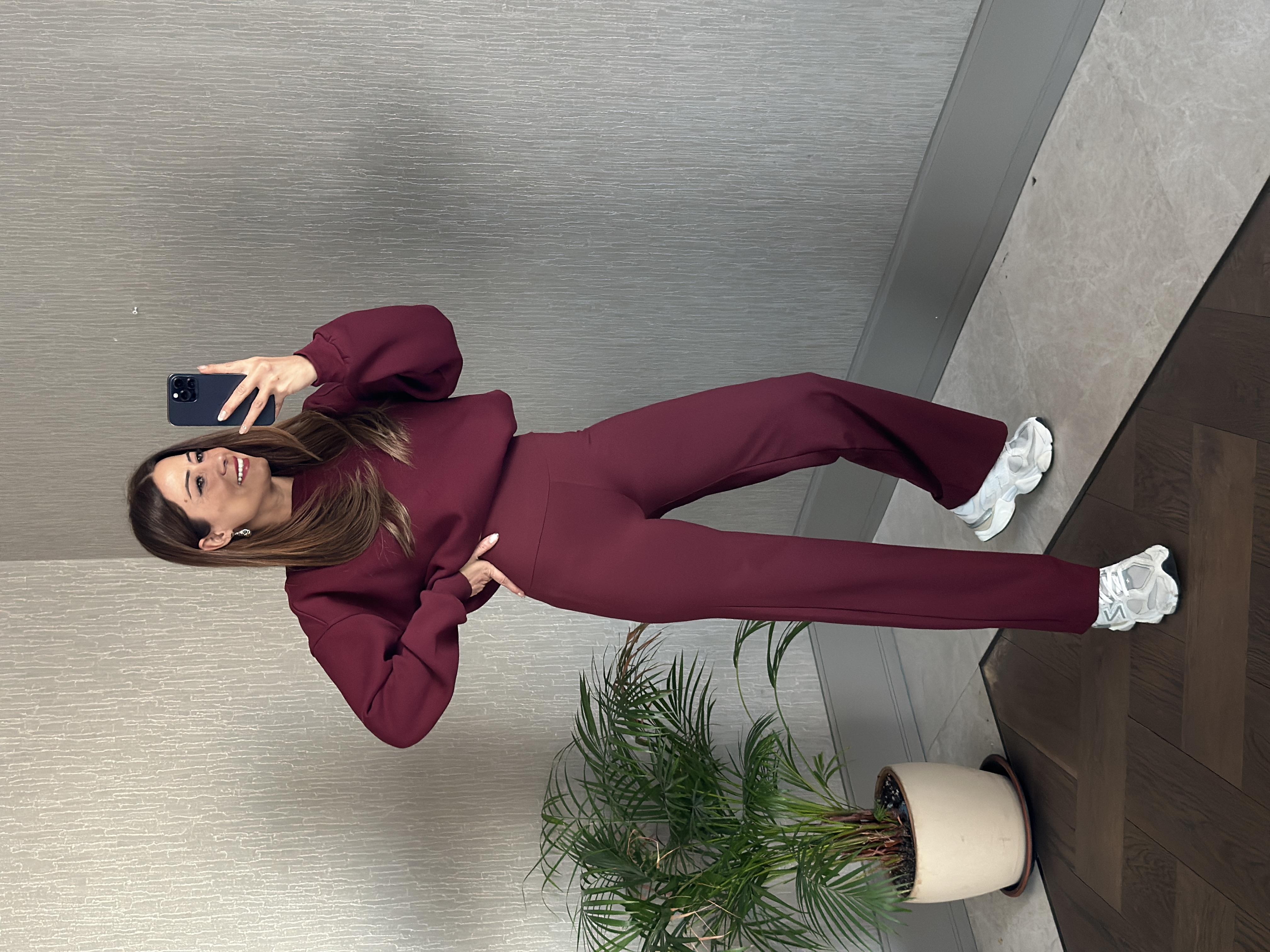 Bordo Omzu Dikiş Detaylı Bisiklet Yaka Şardonlu Kadın Sweatshirt