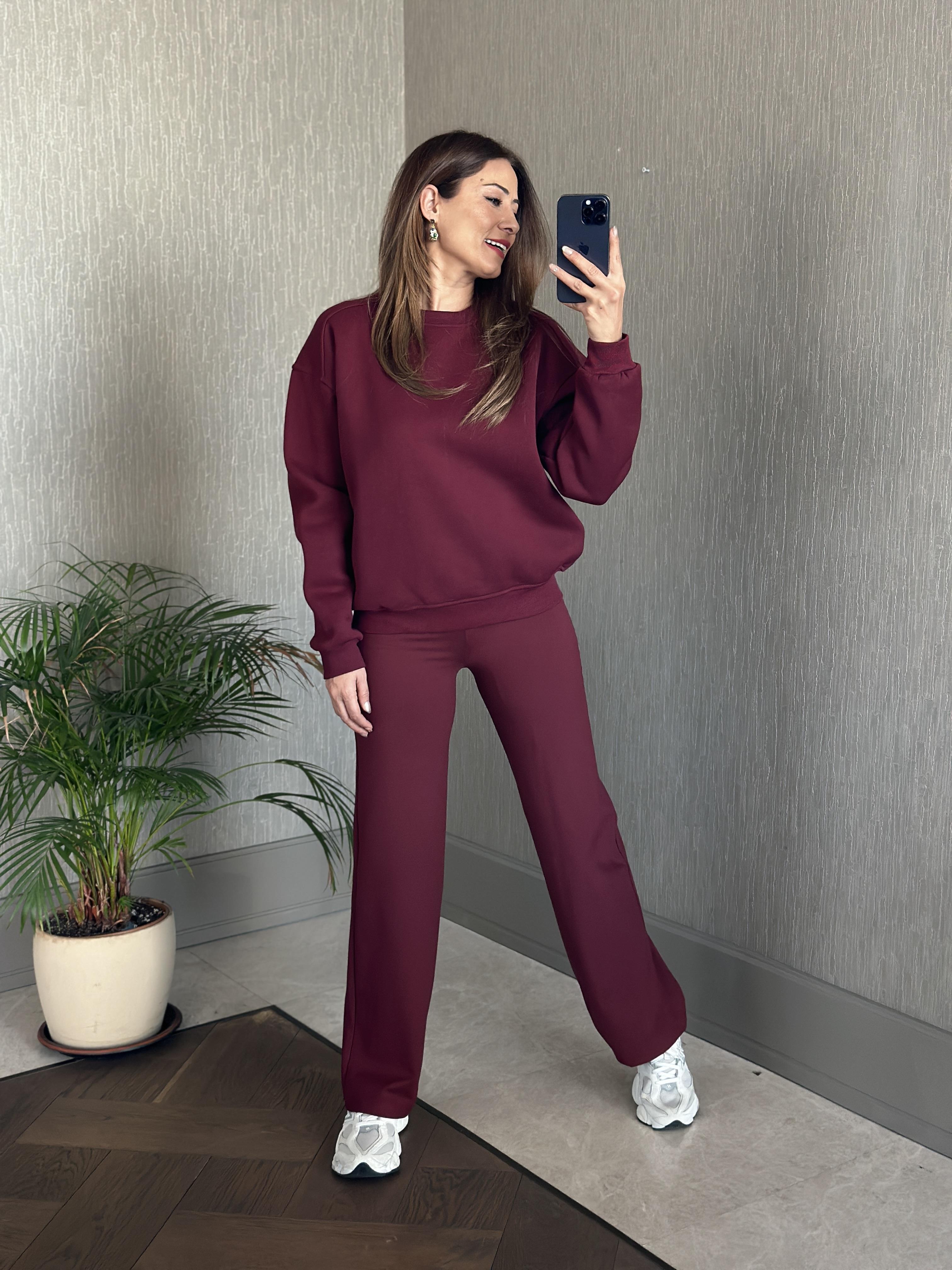 Bordo Omzu Dikiş Detaylı Bisiklet Yaka Şardonlu Kadın Sweatshirt