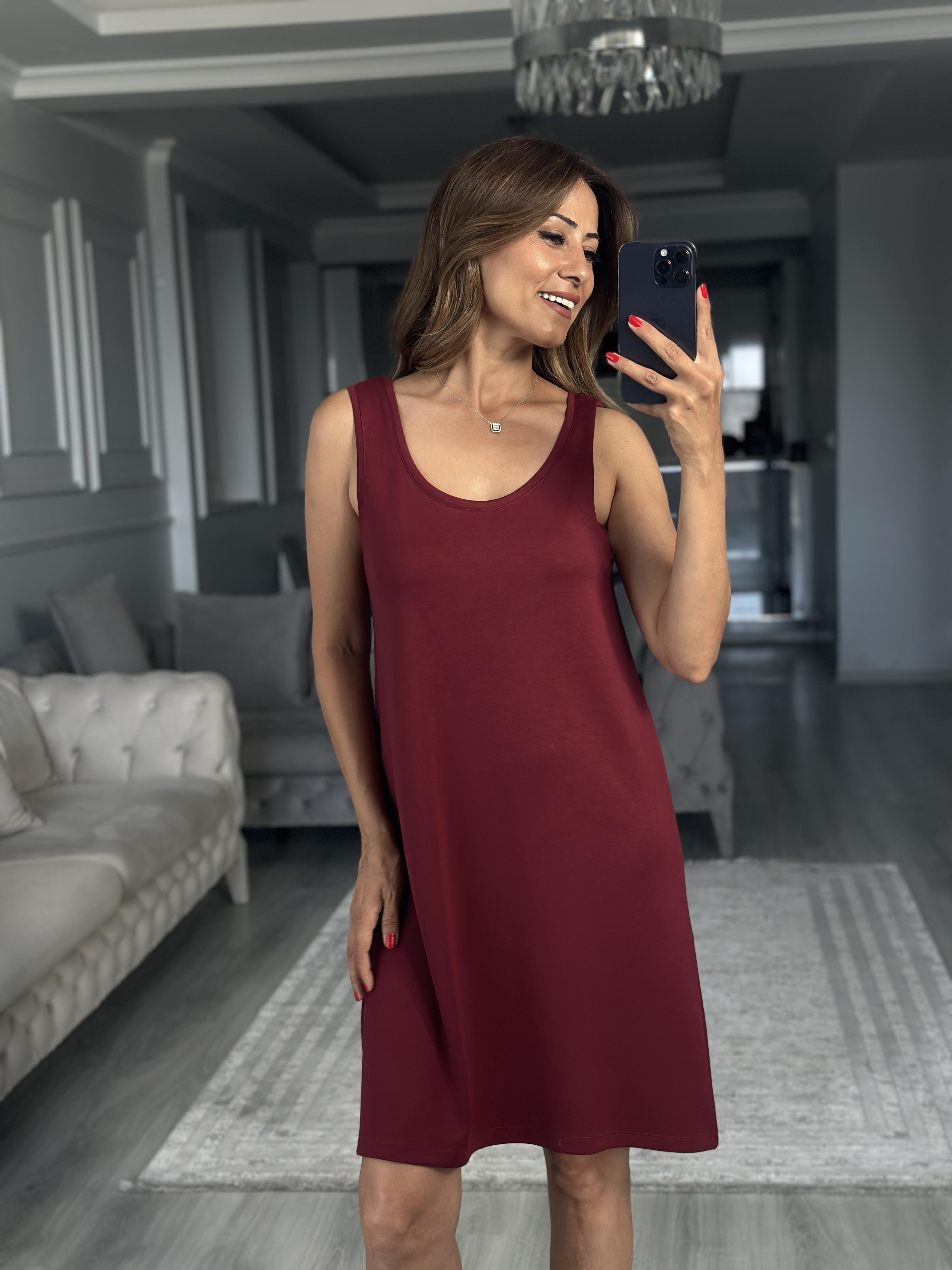 Bordo Ön Arka U Yaka  Basic Mini Kadın Elbise