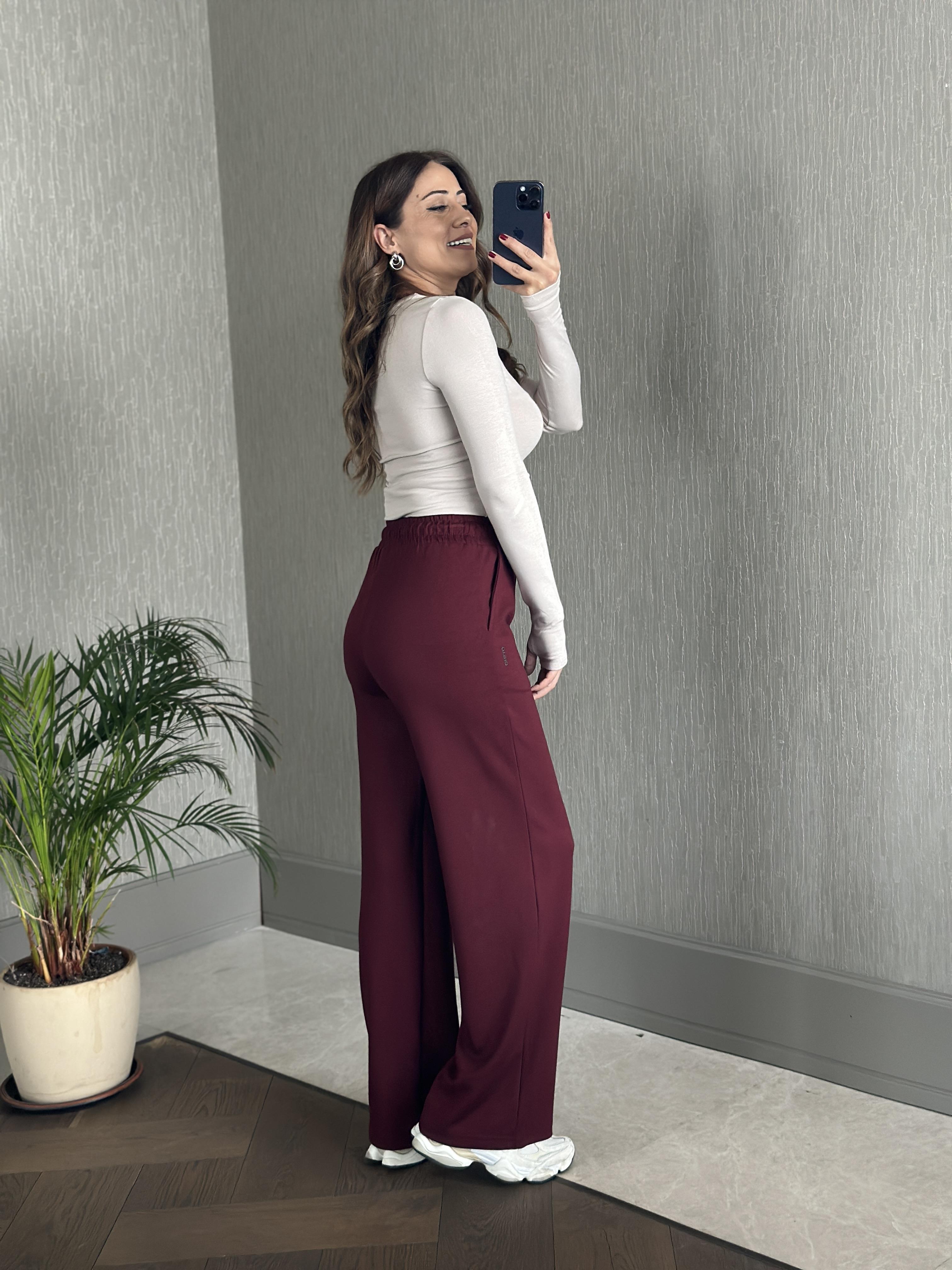 Bordo Oysh Model Bol Paça Cepli Kadın Modal Eşofman Altı