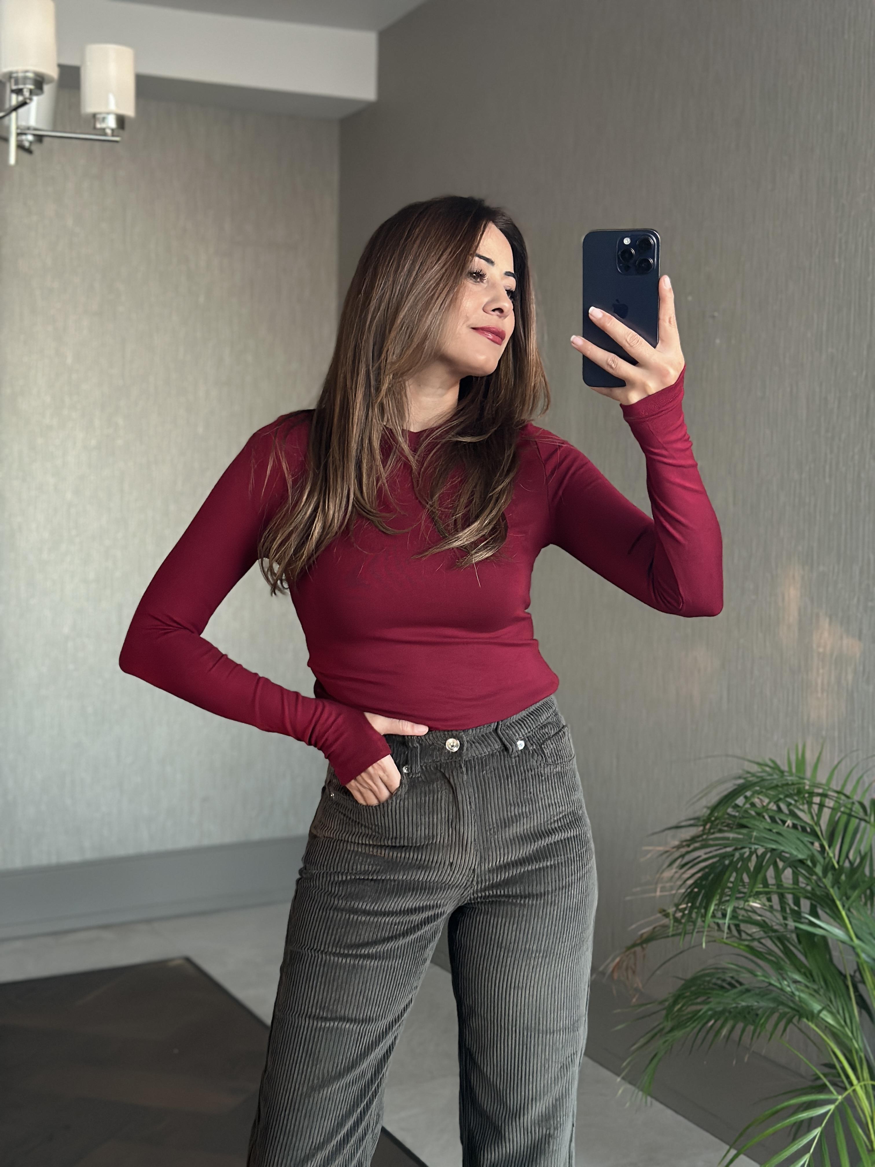Bordo Parmak Detay Bisiklet Yaka Yumoş Kadın Body