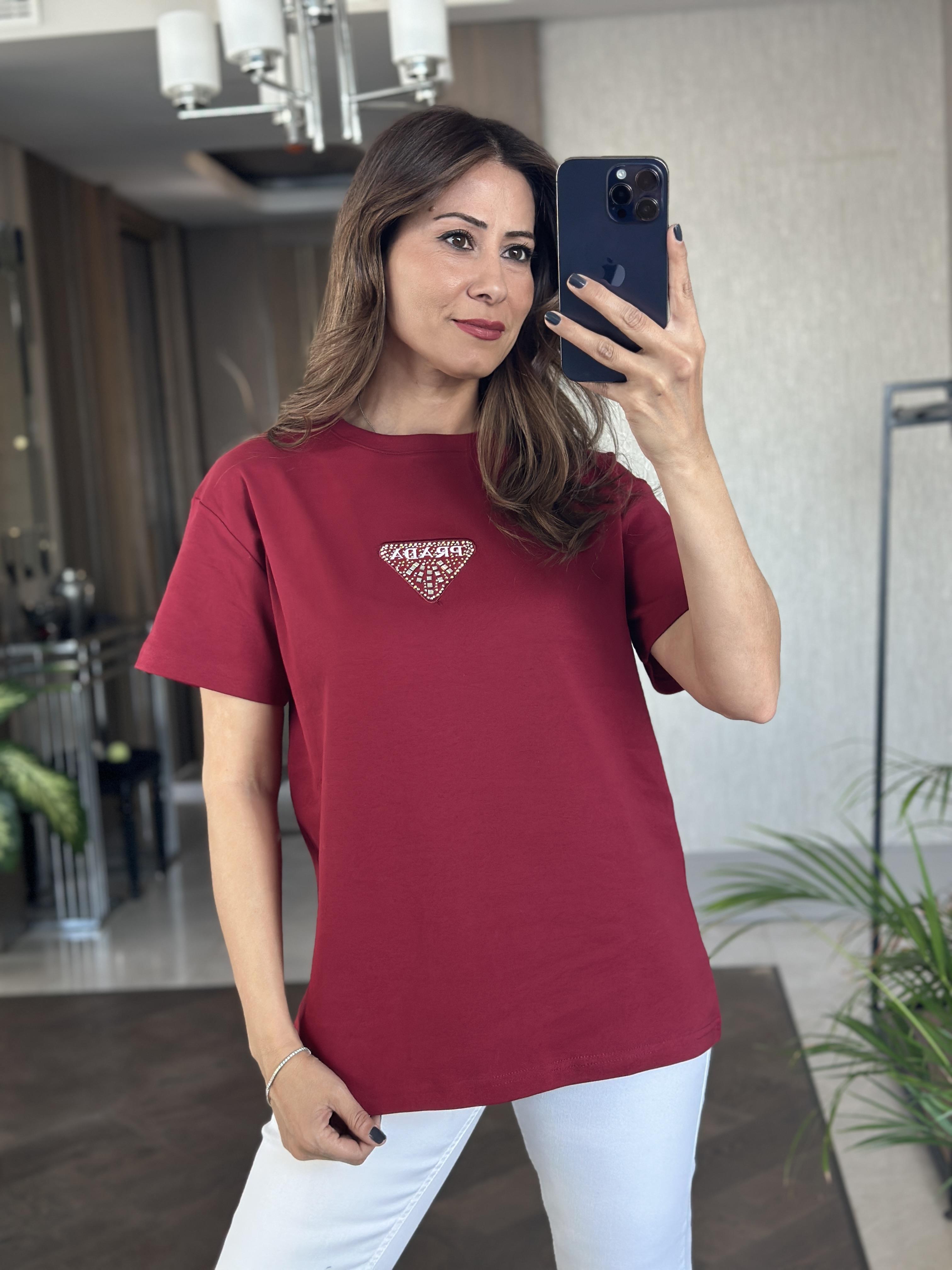 Bordo Prd Üçgen Logolu Bisiklet Yaka Kadın T-Shirt