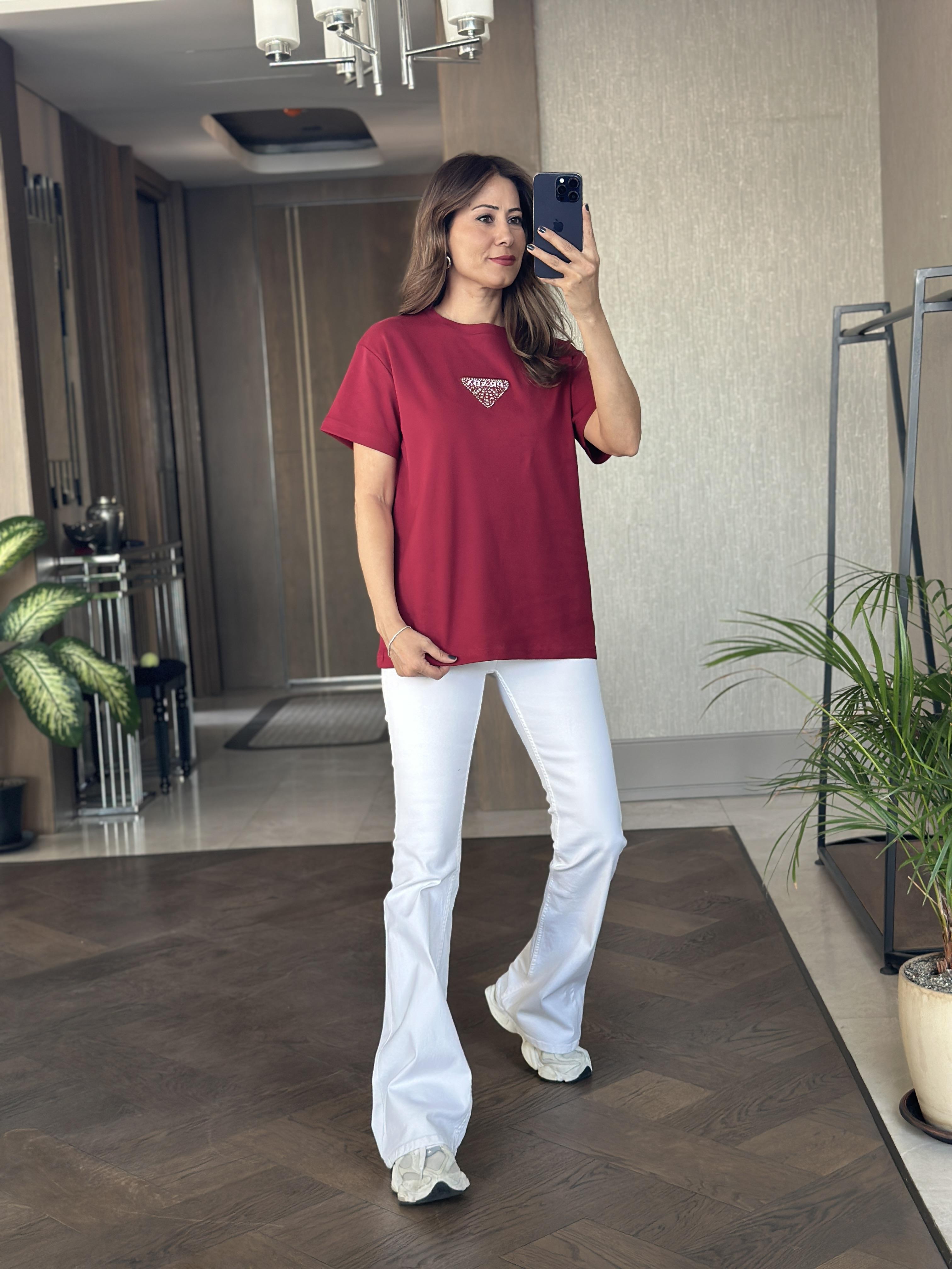 Bordo Prd Üçgen Logolu Bisiklet Yaka Kadın T-Shirt