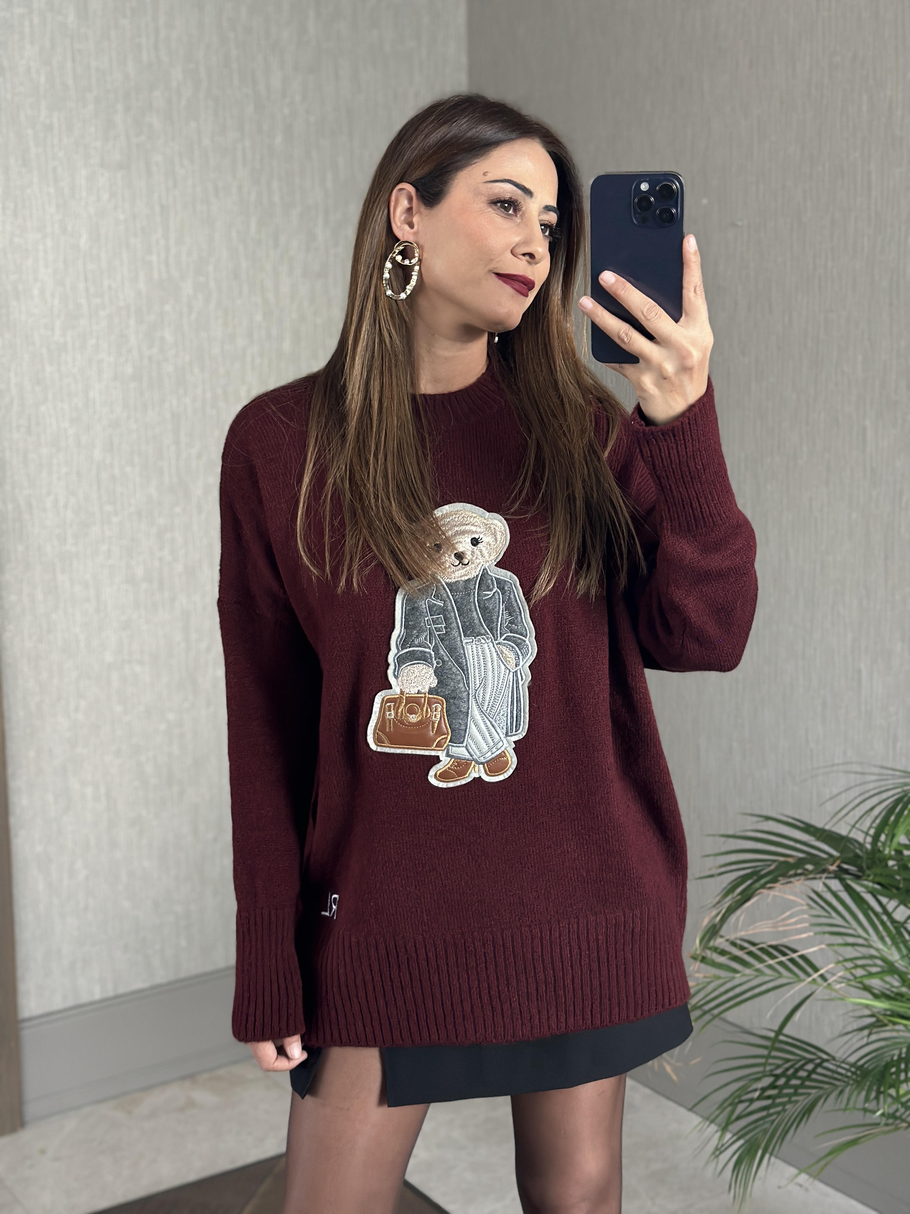 Bordo RL Model Bisiklet Yaka Önü Ayıcık Nakışlı Kadın Triko Kazak