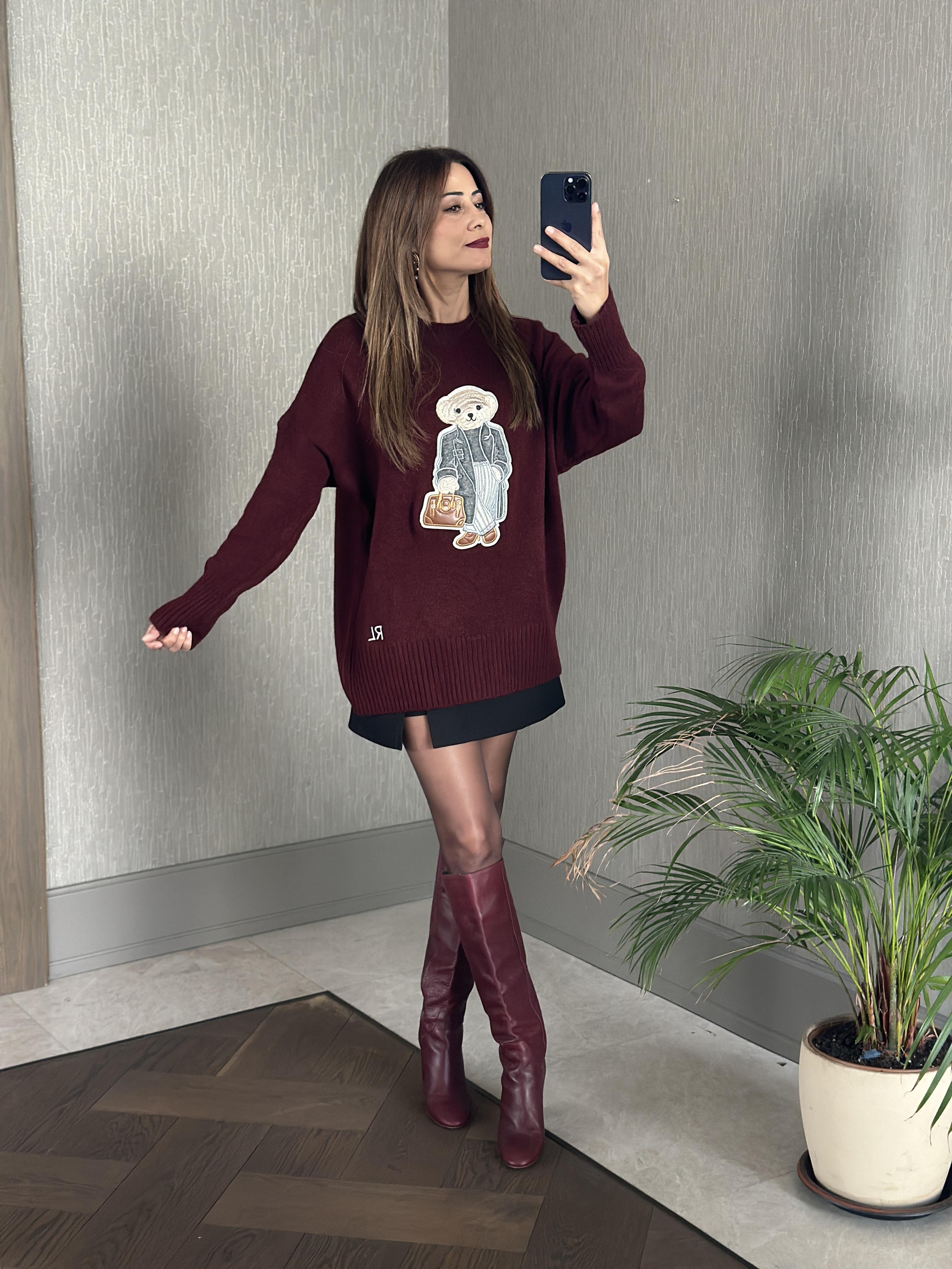 Bordo RL Model Bisiklet Yaka Önü Ayıcık Nakışlı Kadın Triko Kazak