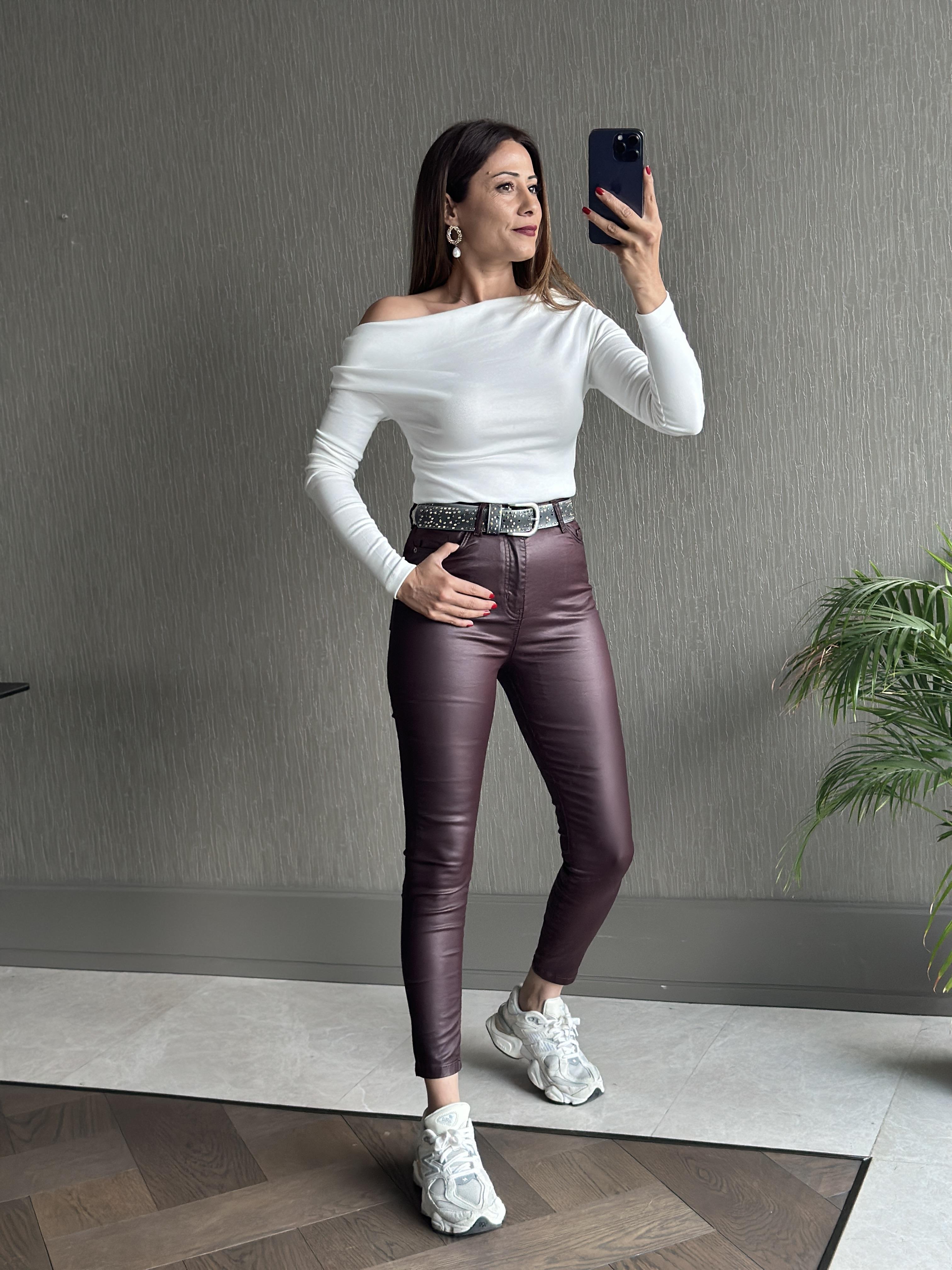 Bordo Samyeli Mum Kaplamalı Skinny Kadın Jean Pantolon