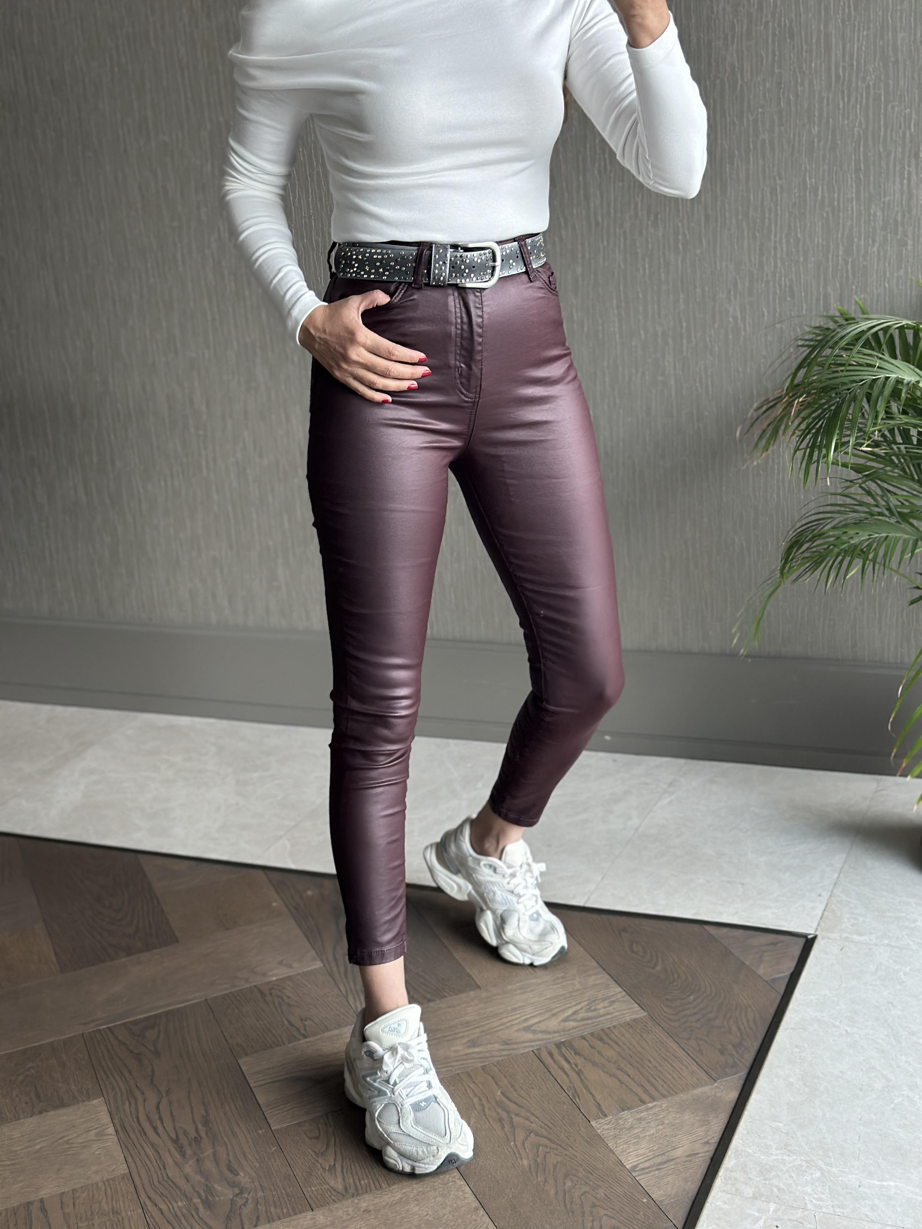 Bordo Samyeli Mum Kaplamalı Skinny Kadın Jean Pantolon