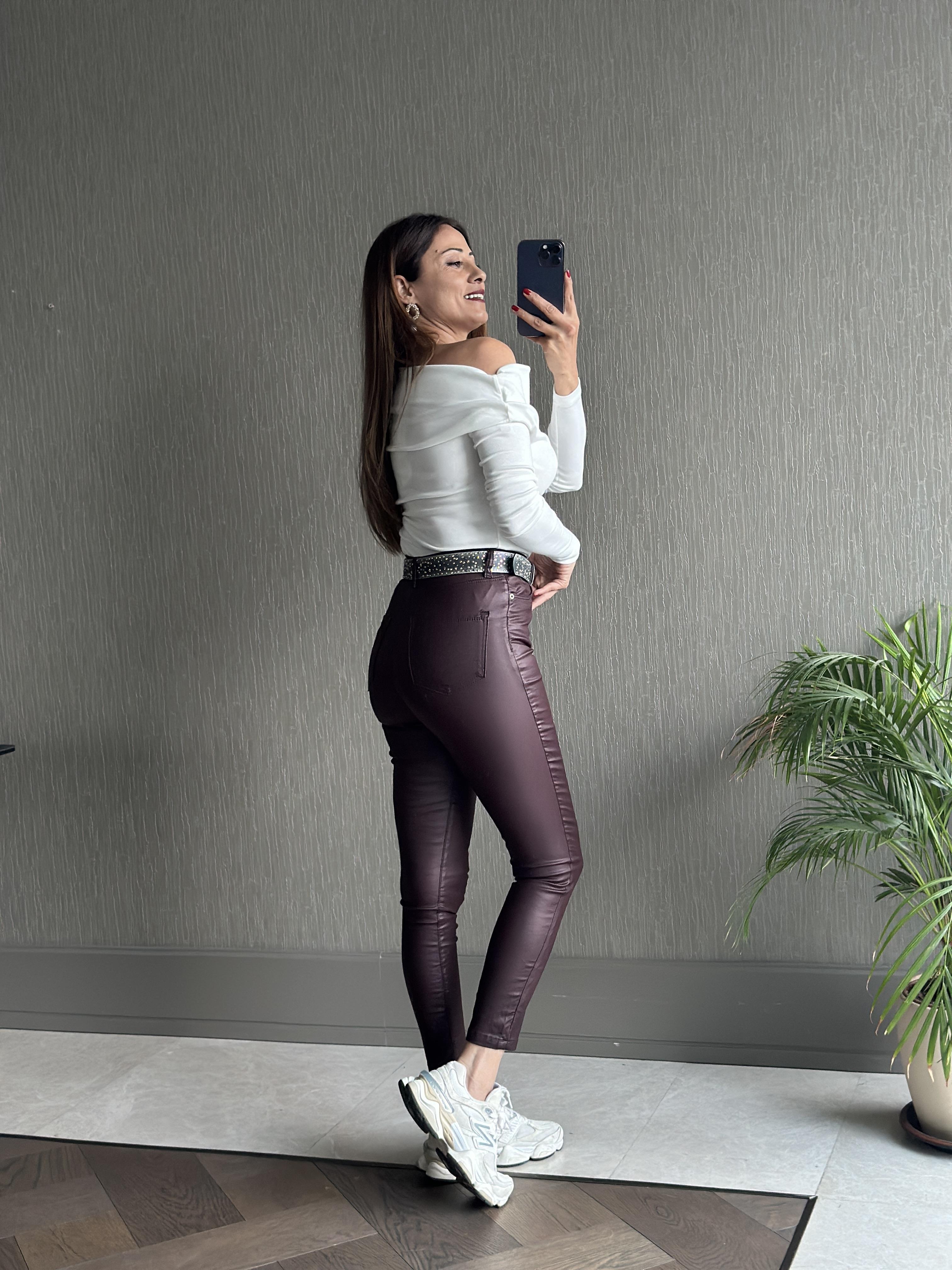 Bordo Samyeli Mum Kaplamalı Skinny Kadın Jean Pantolon