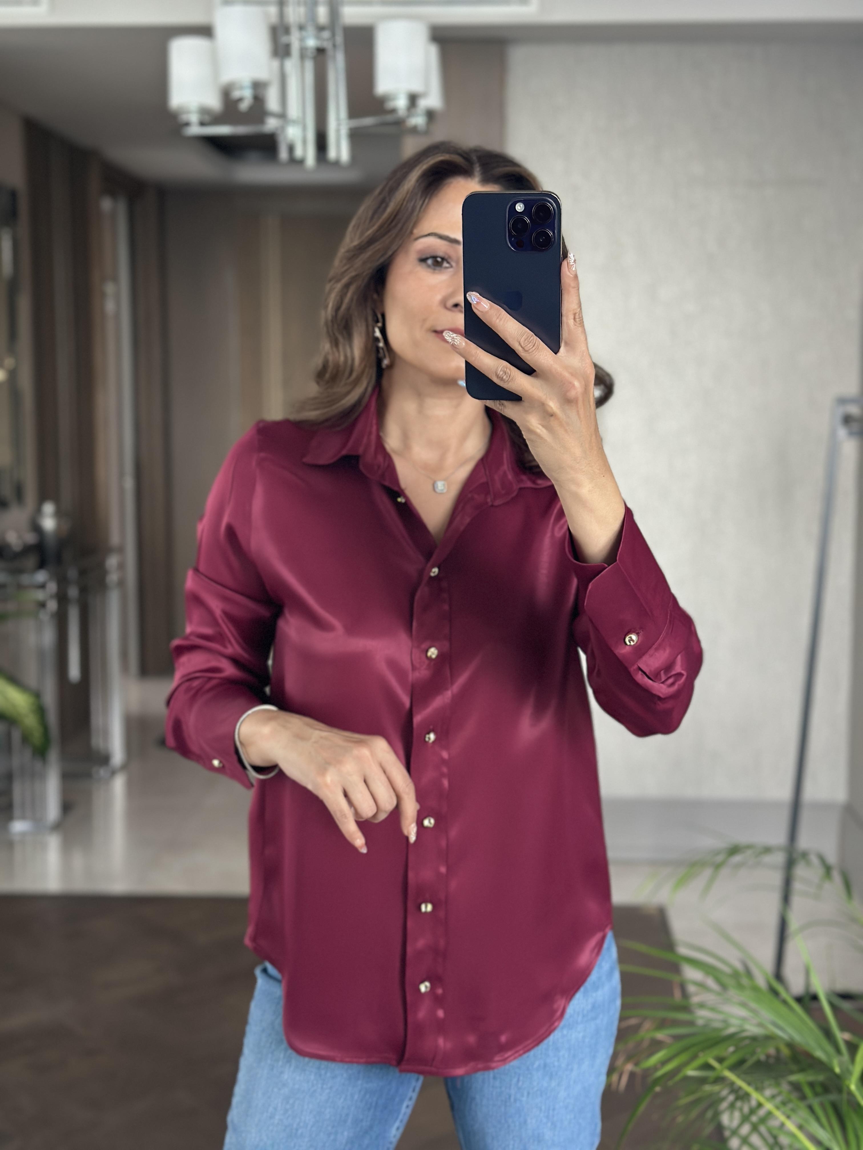 Bordo Saten Gold Düğmeli Uzun Kol Kadın Gömlek