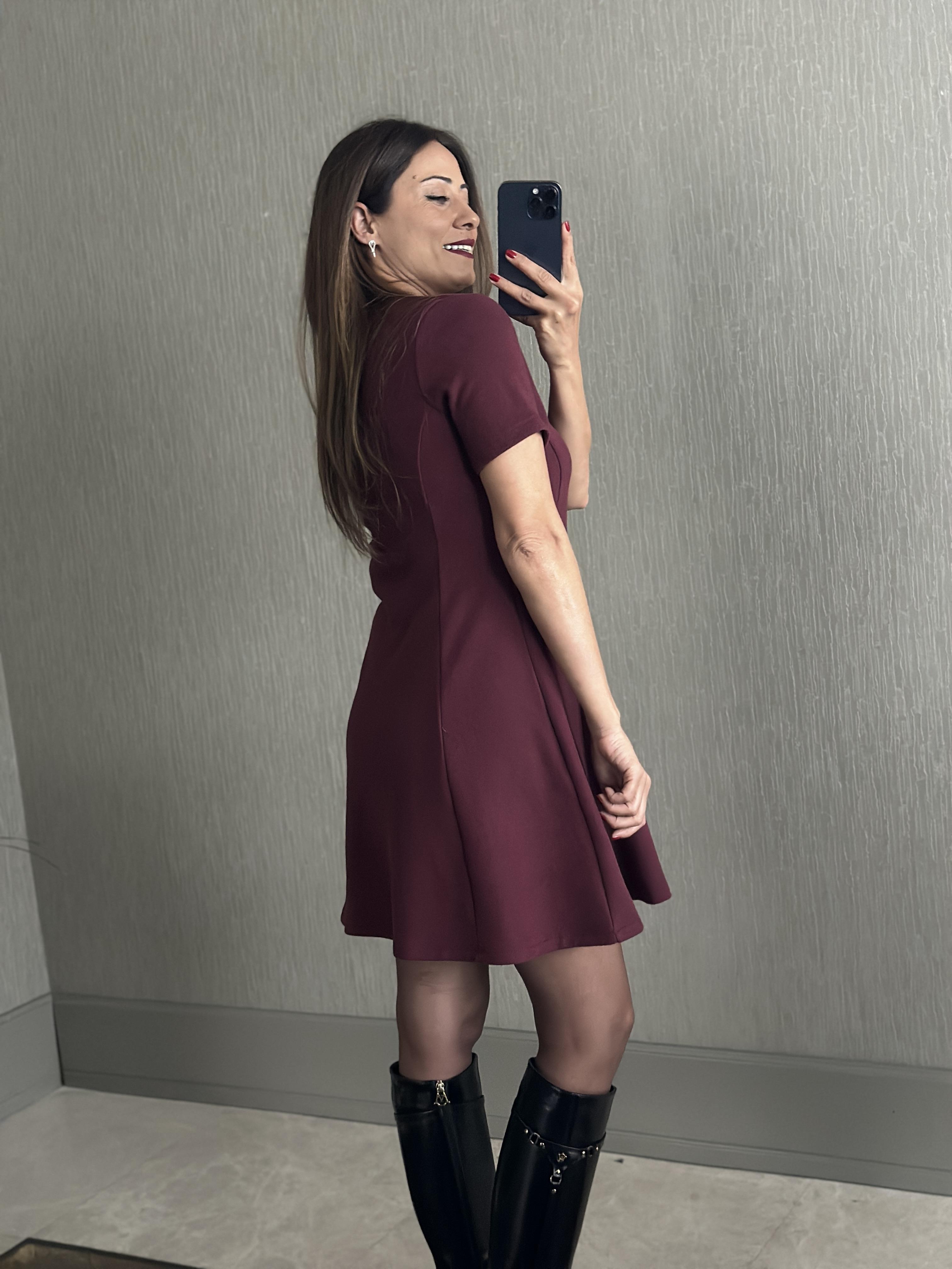 Bordo Selanik Kısa Kol Bisiklet Yaka Kadın Mini Çan Elbise