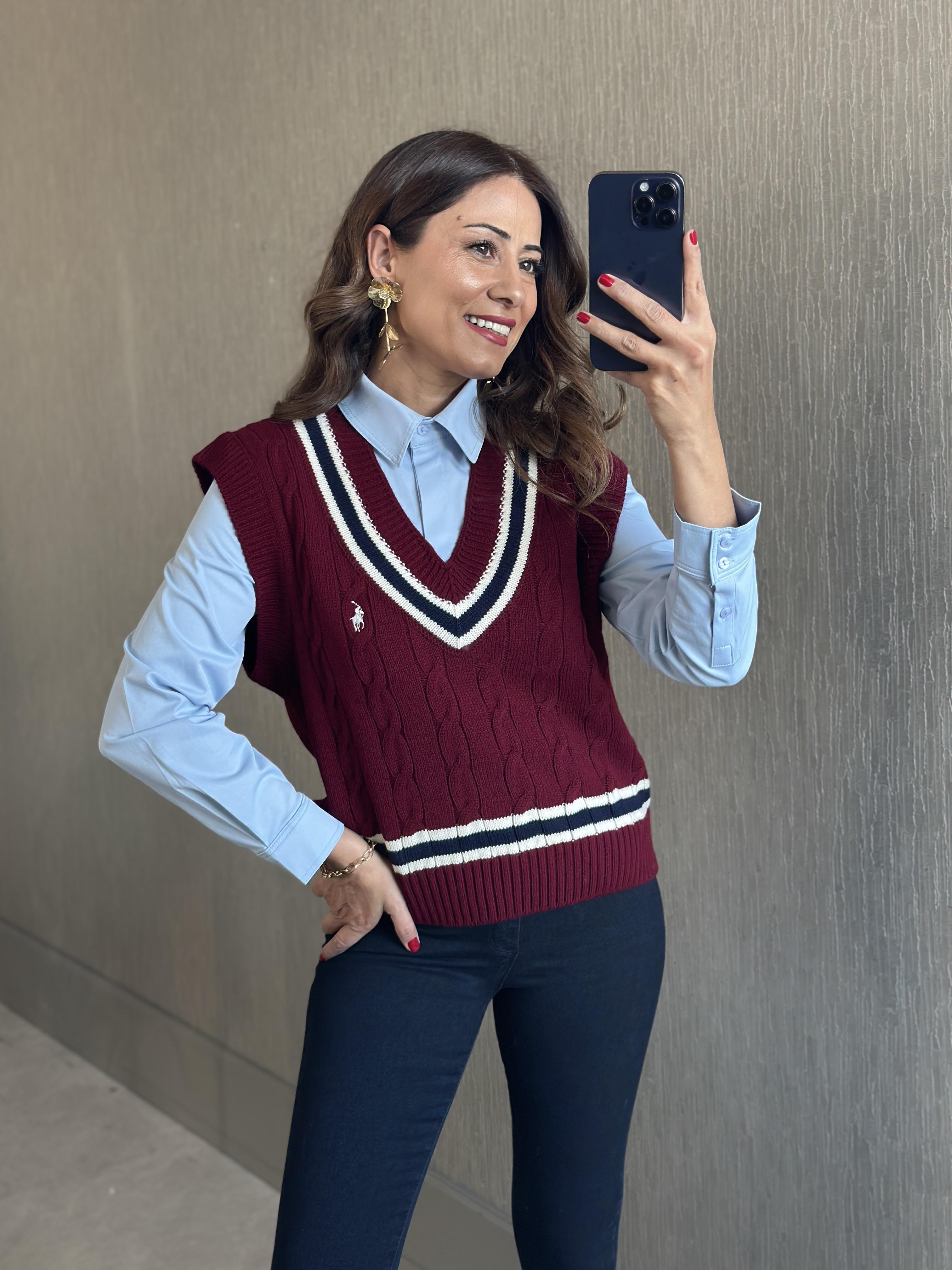 Bordo Şerit Detay Saç Örgü Kadın Triko Süveter