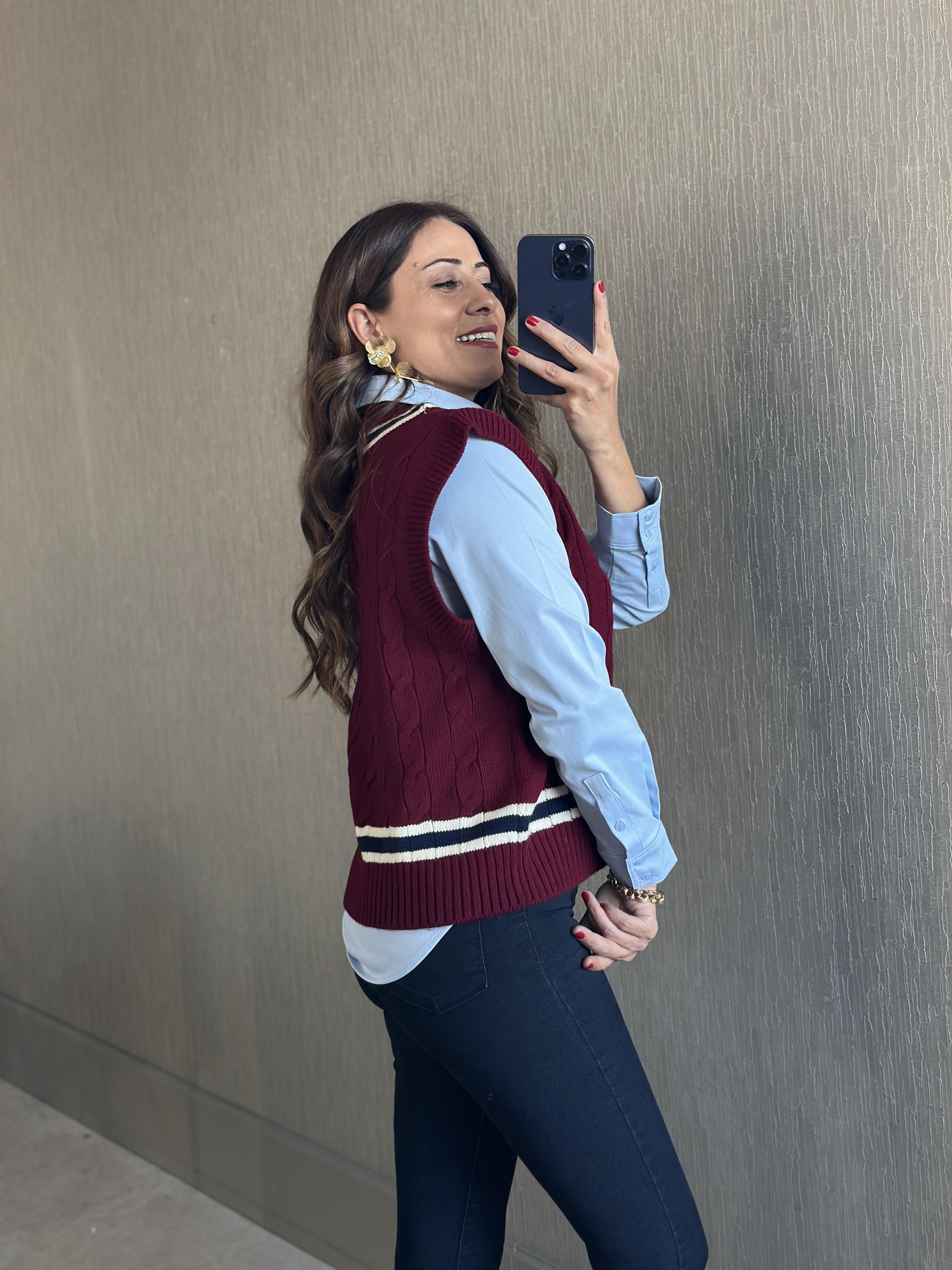 Bordo Şerit Detay Saç Örgü Kadın Triko Süveter