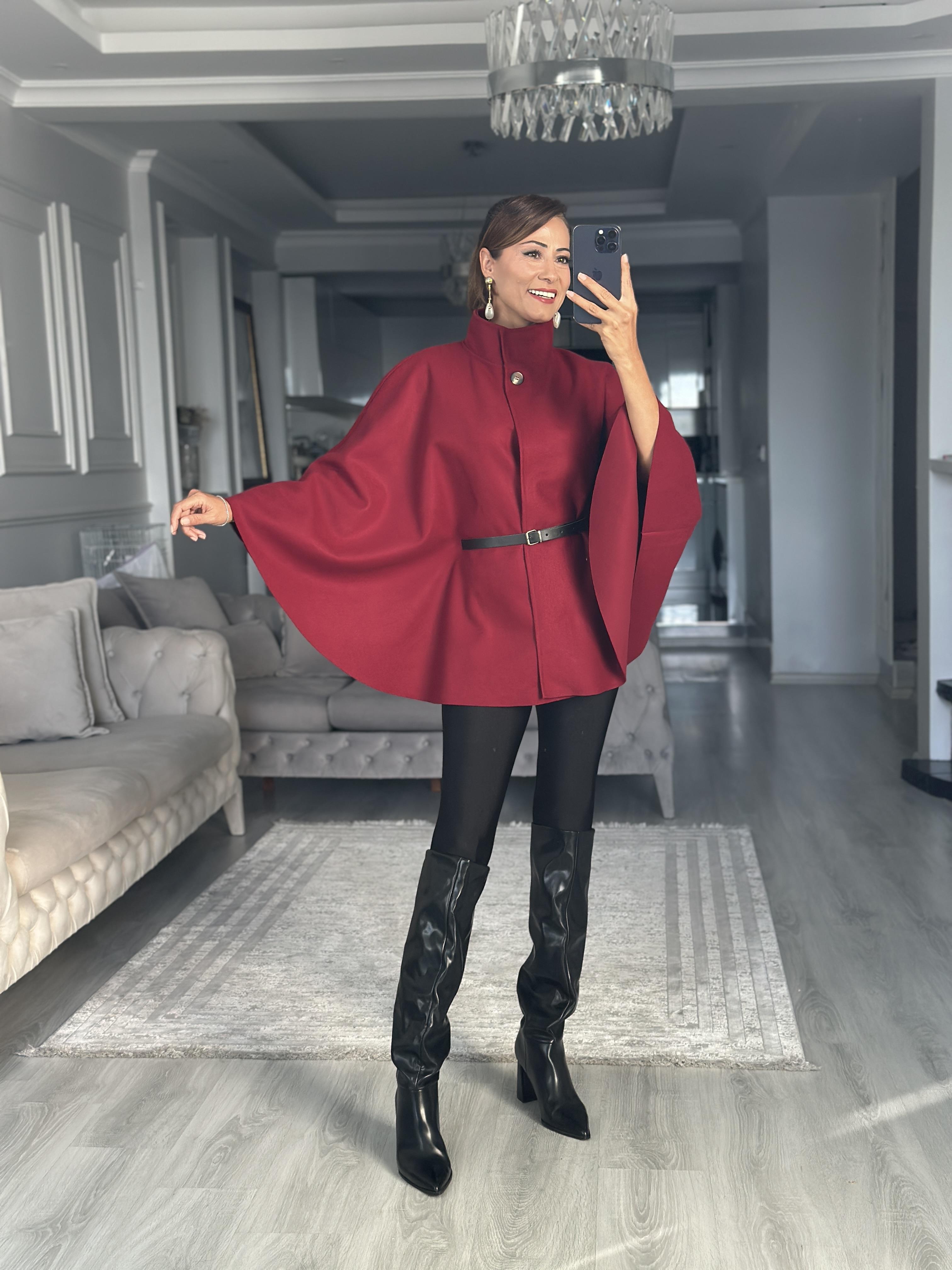 Bordo Tek Düğmeli Dik Yaka Kemerli Kadın Kaşe Panço