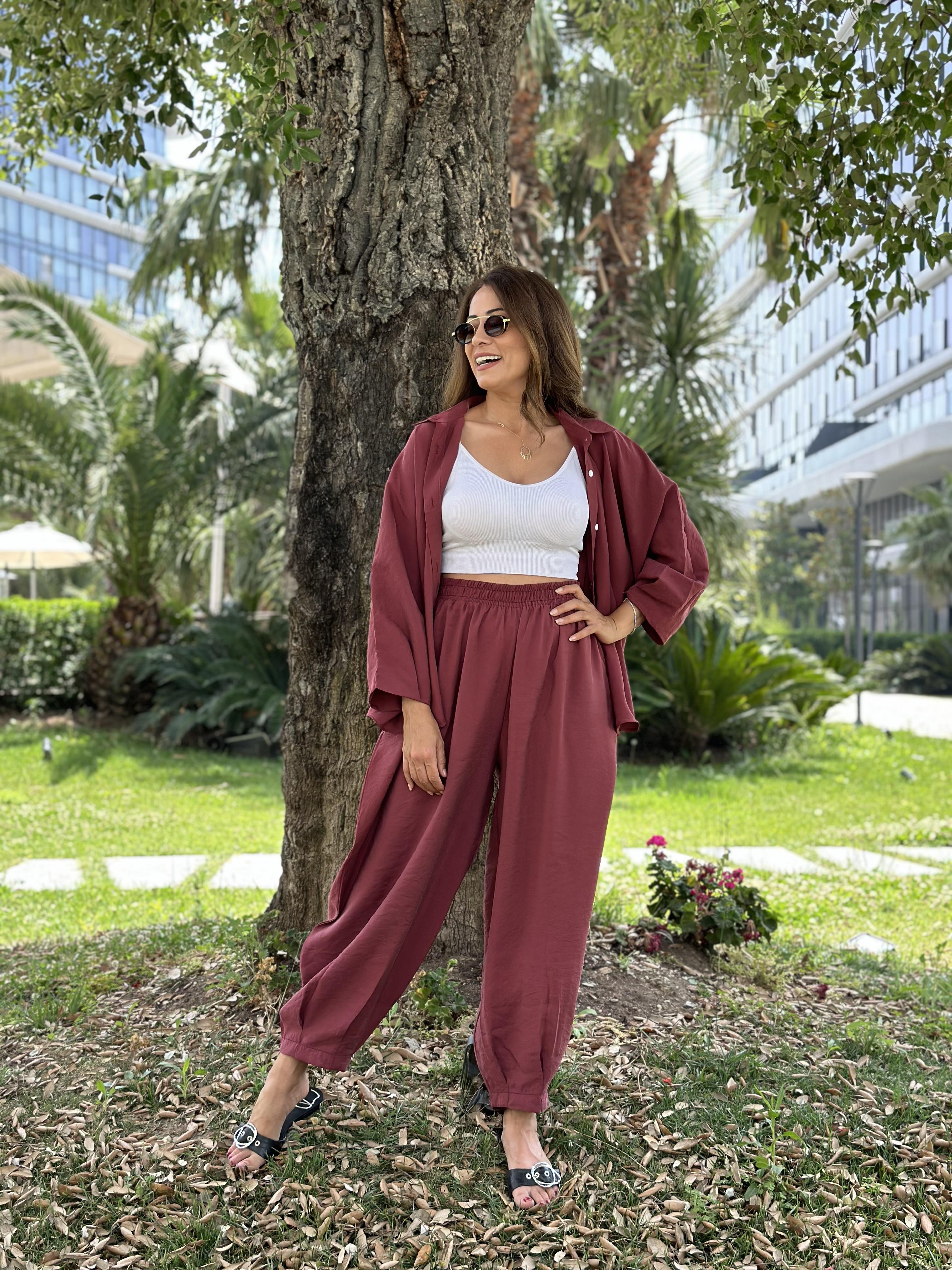 Bordo Truvakar Kol Gömlek Balon Pantolon Kadın Tnsel Alt Üst Takım