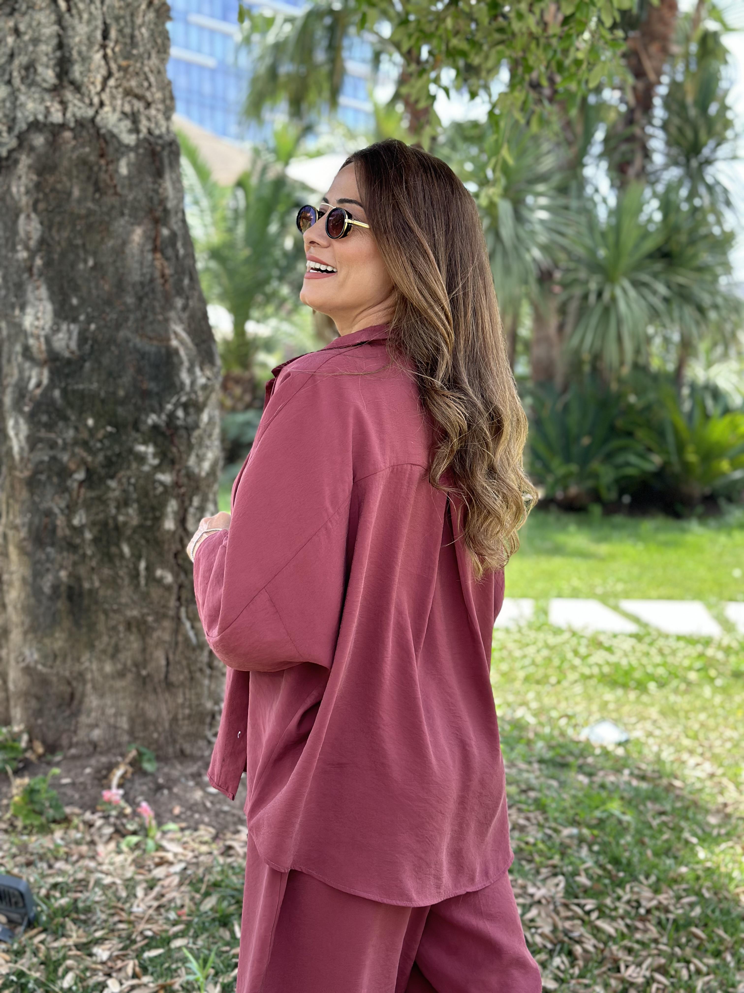 Bordo Truvakar Kol Gömlek Balon Pantolon Kadın Tnsel Alt Üst Takım