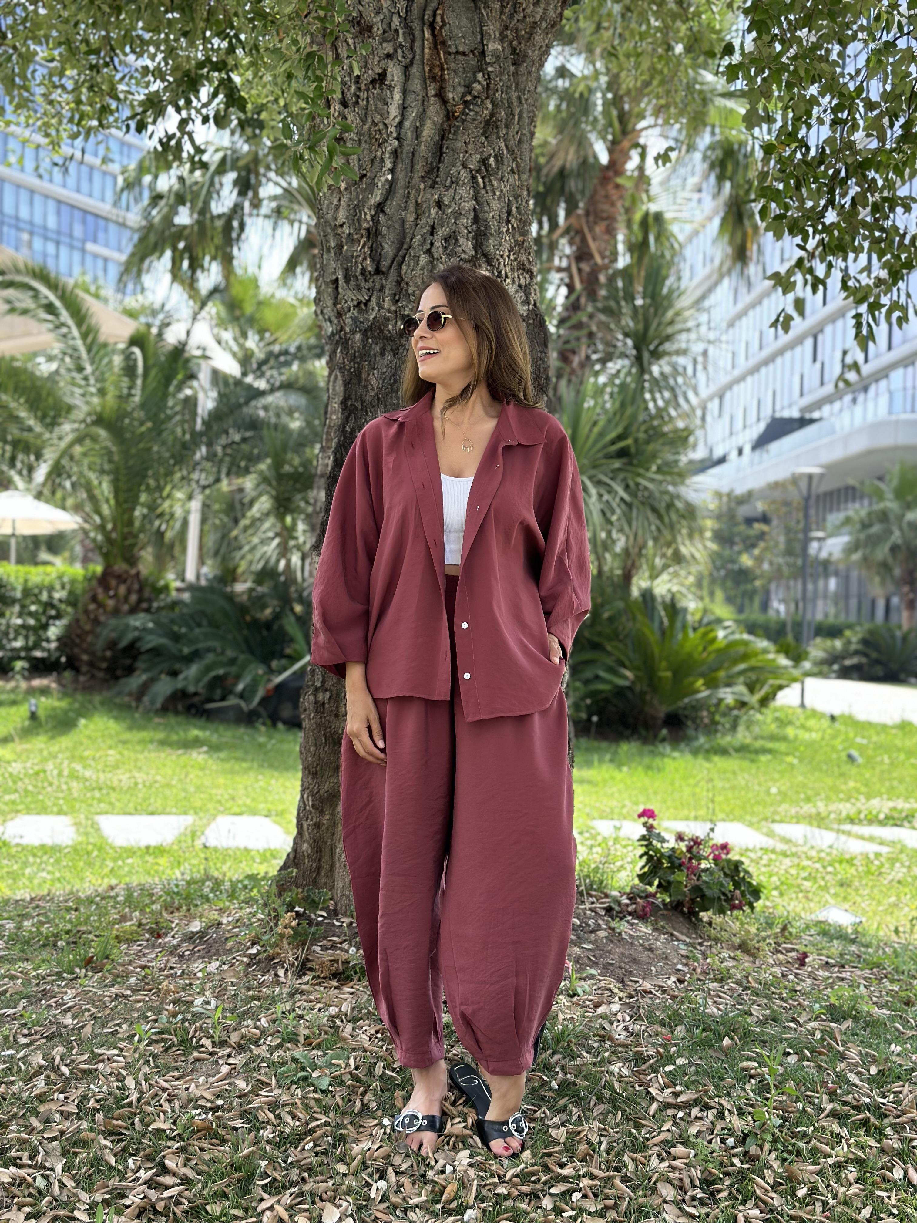 Bordo Truvakar Kol Gömlek Balon Pantolon Kadın Tnsel Alt Üst Takım