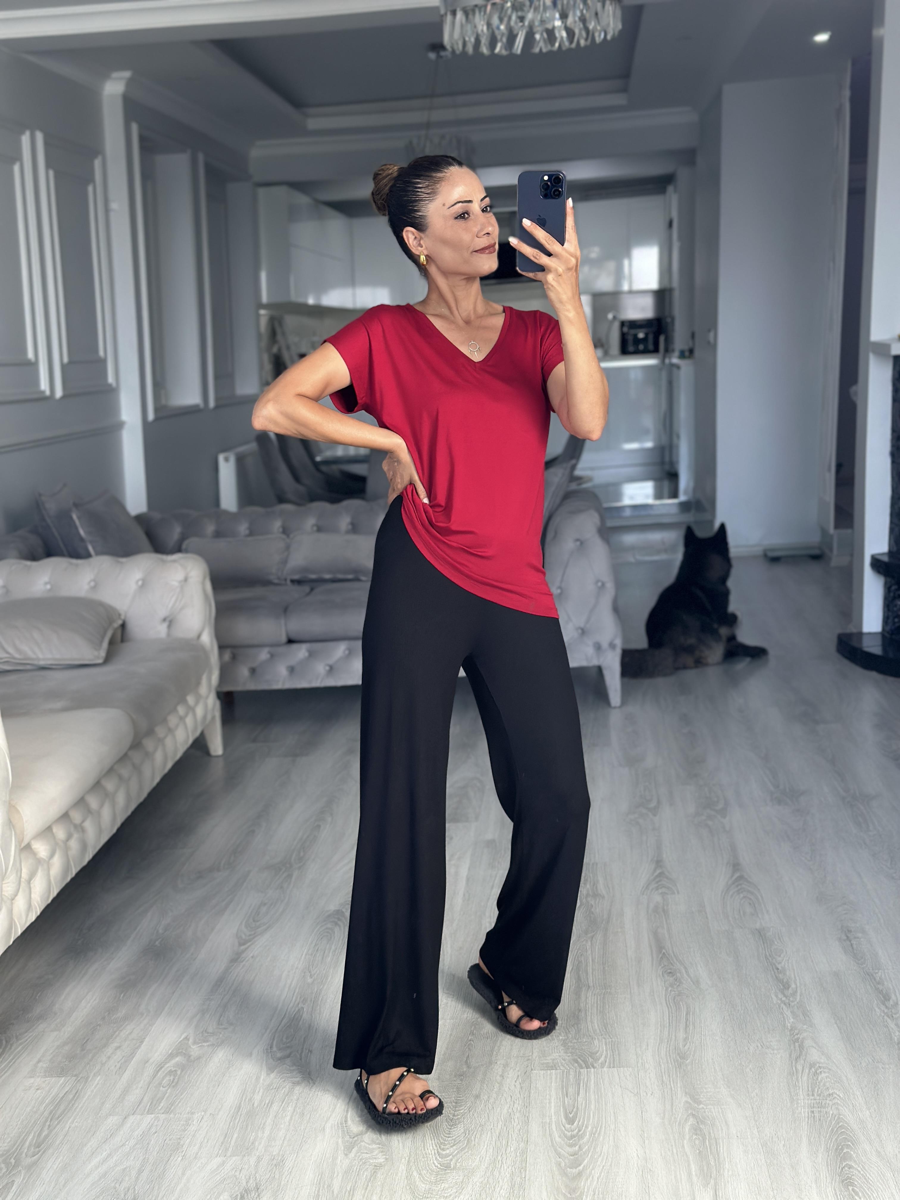 Bordo V Yaka Kısa Yarasa Kol Basic Kadın T-Shirt