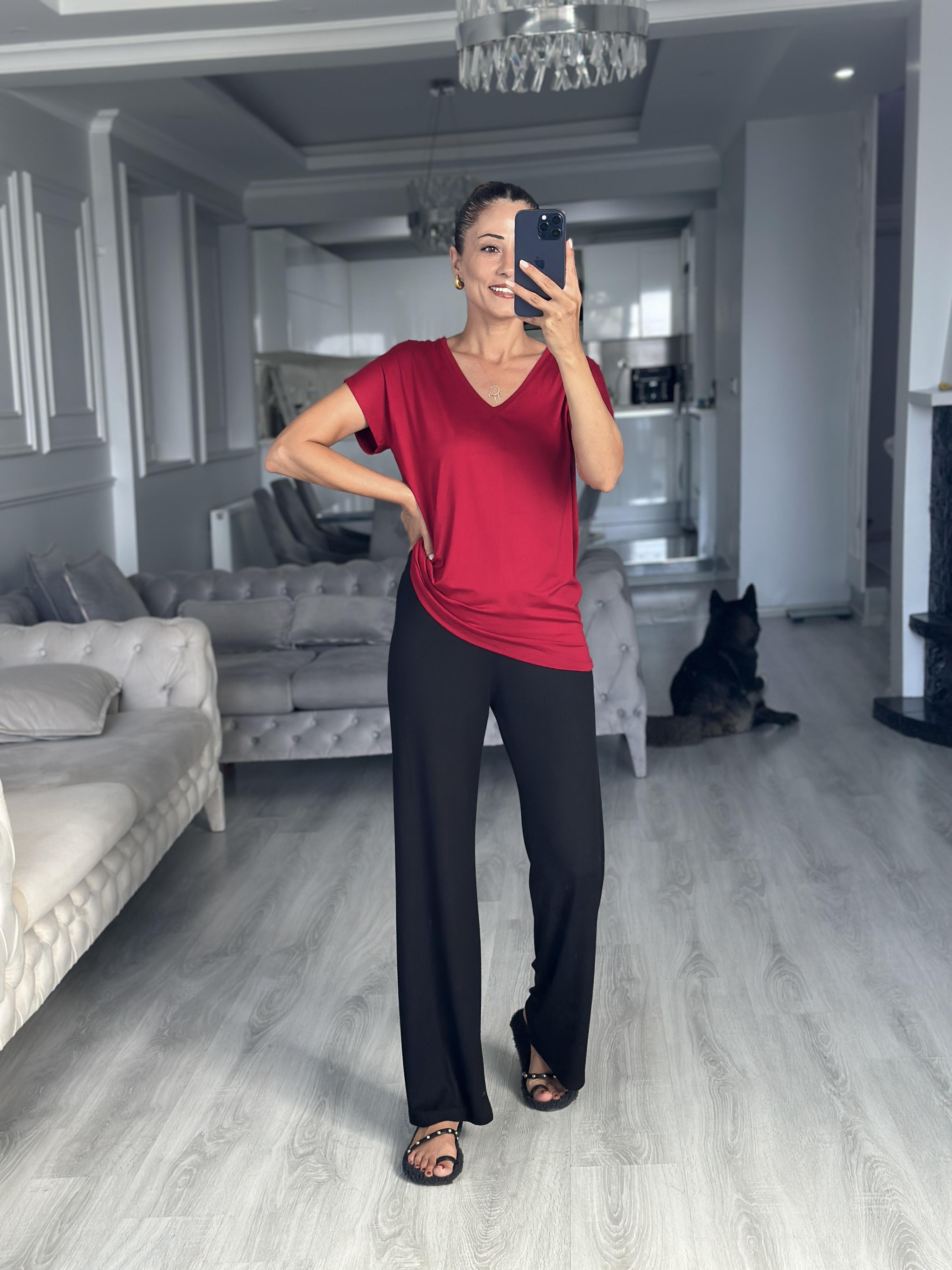 Bordo V Yaka Kısa Yarasa Kol Basic Kadın T-Shirt