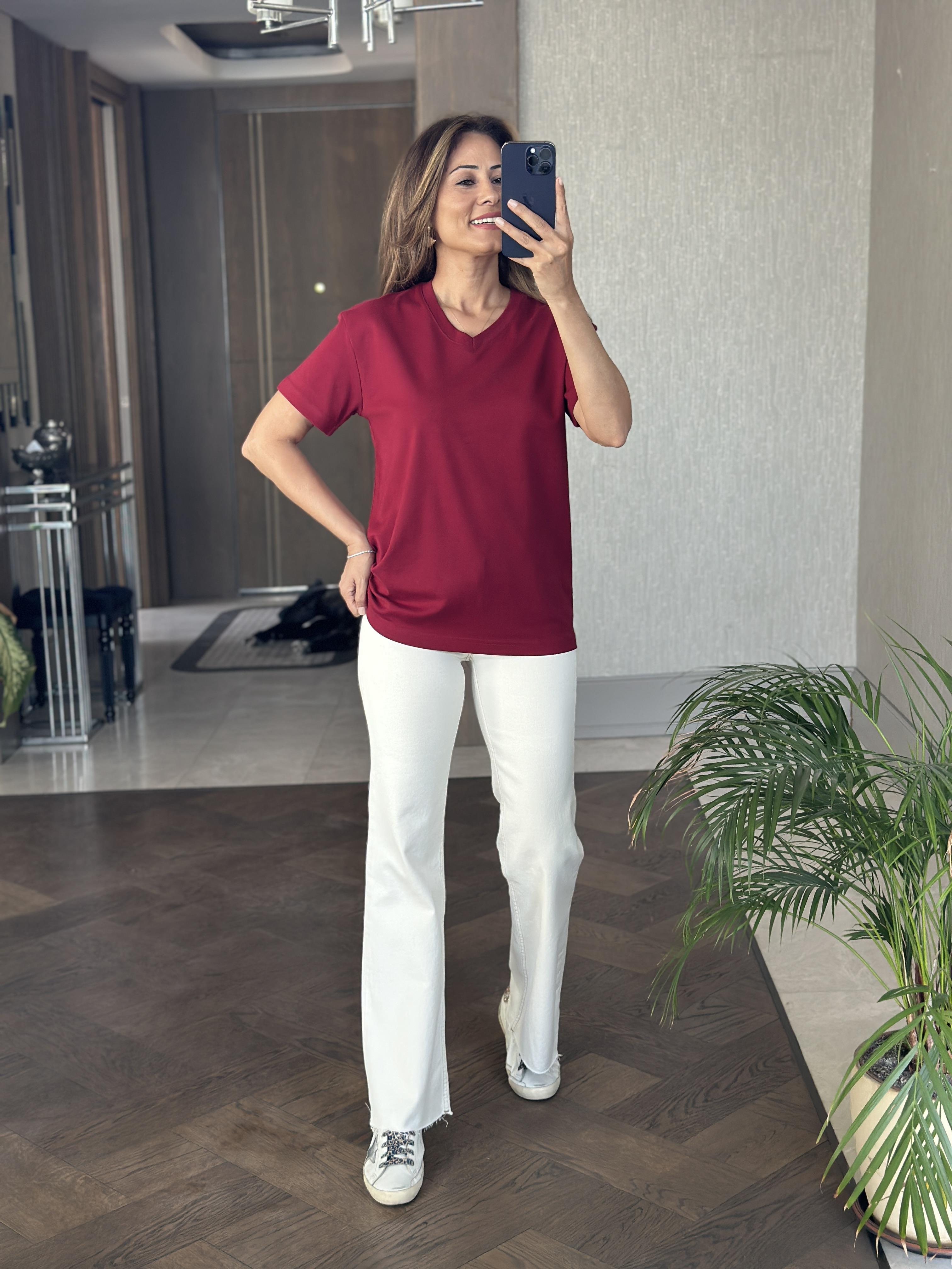 Bordo V Yaka MD Model Kadın T-Shirt