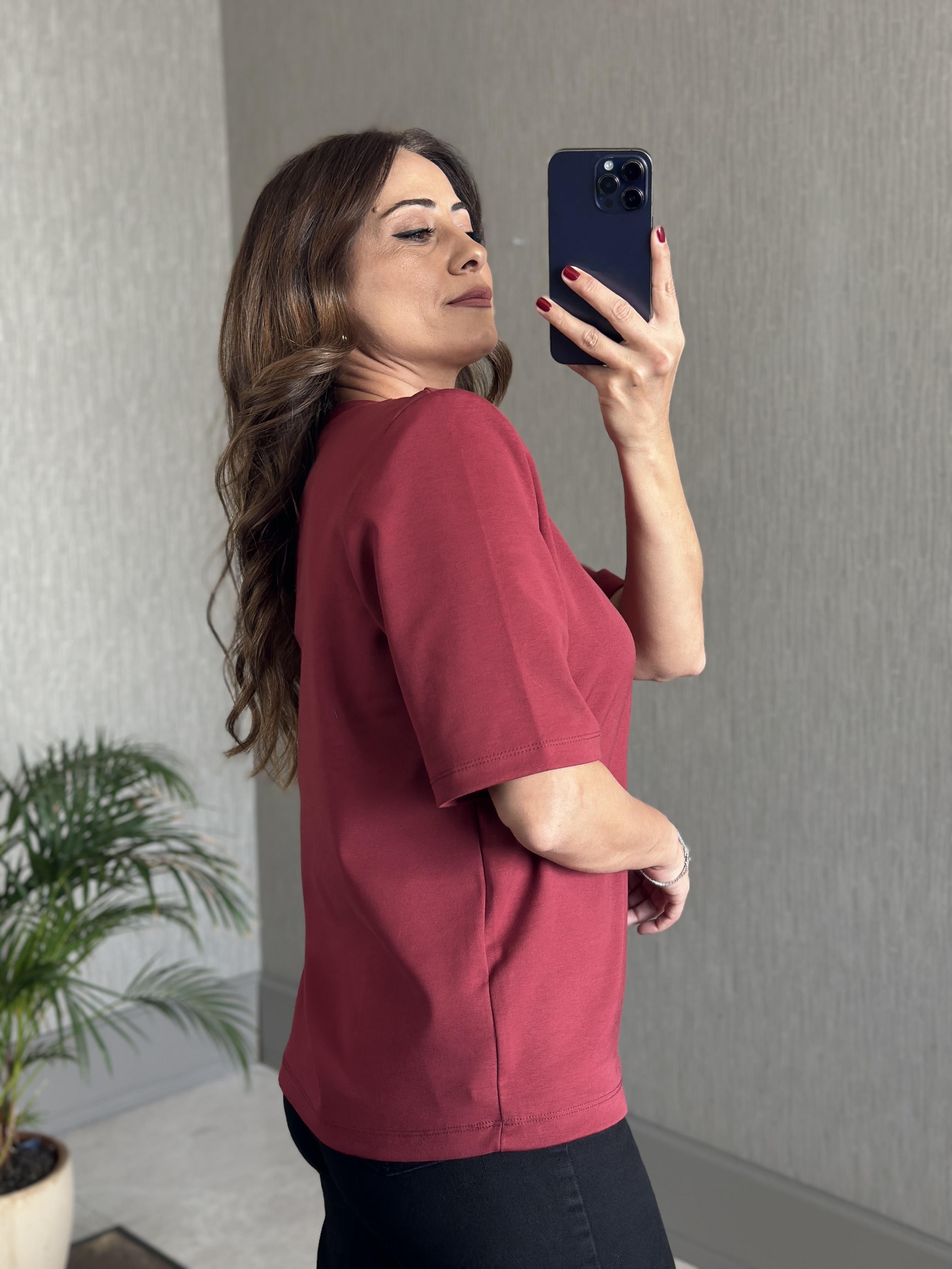 Bordo Vatkalı Kısa Kol Basic Kadın T-Shirt