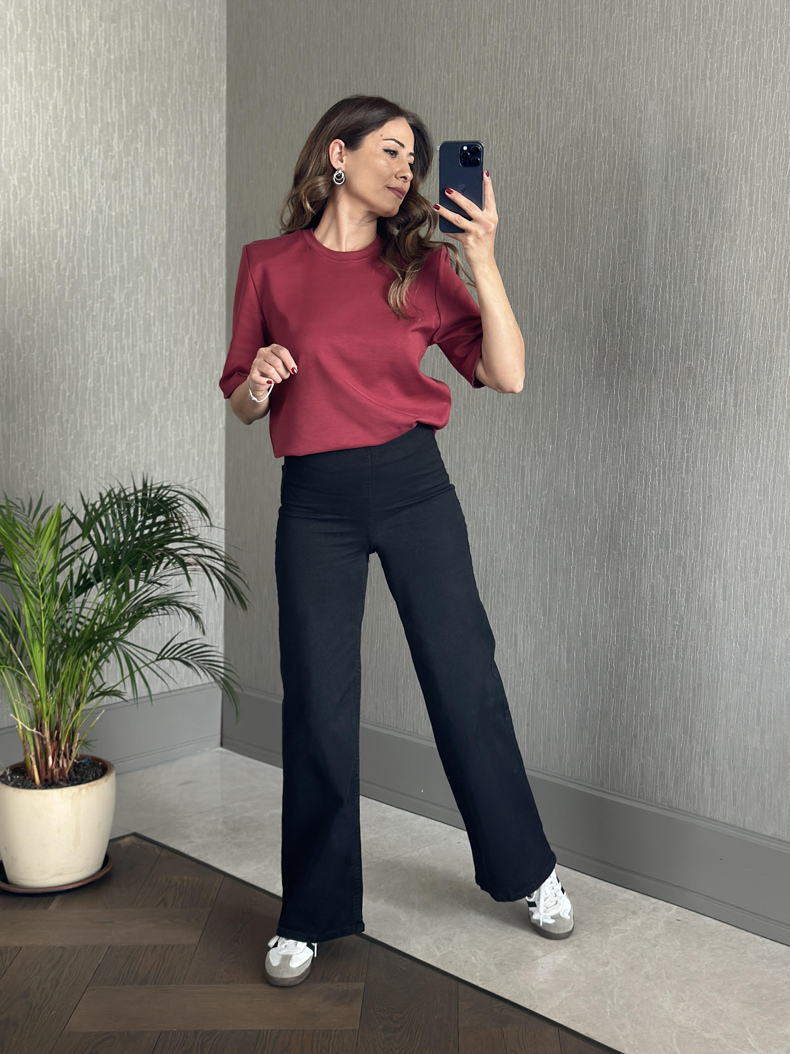 Bordo Vatkalı Kısa Kol Basic Kadın T-Shirt