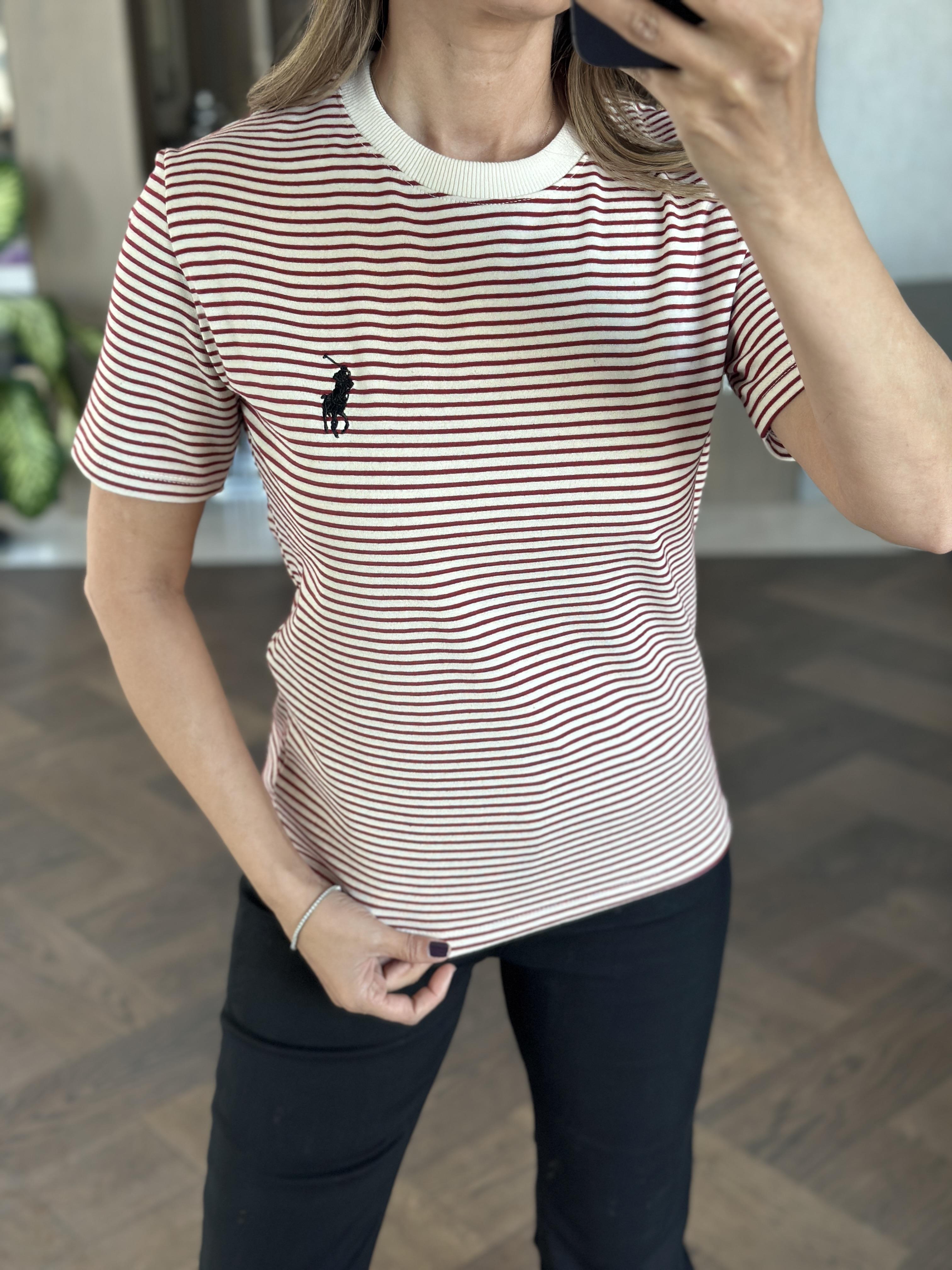 Bordo Çizgili Nakışlı Bisiklet Yaka Kadın T-Shirt