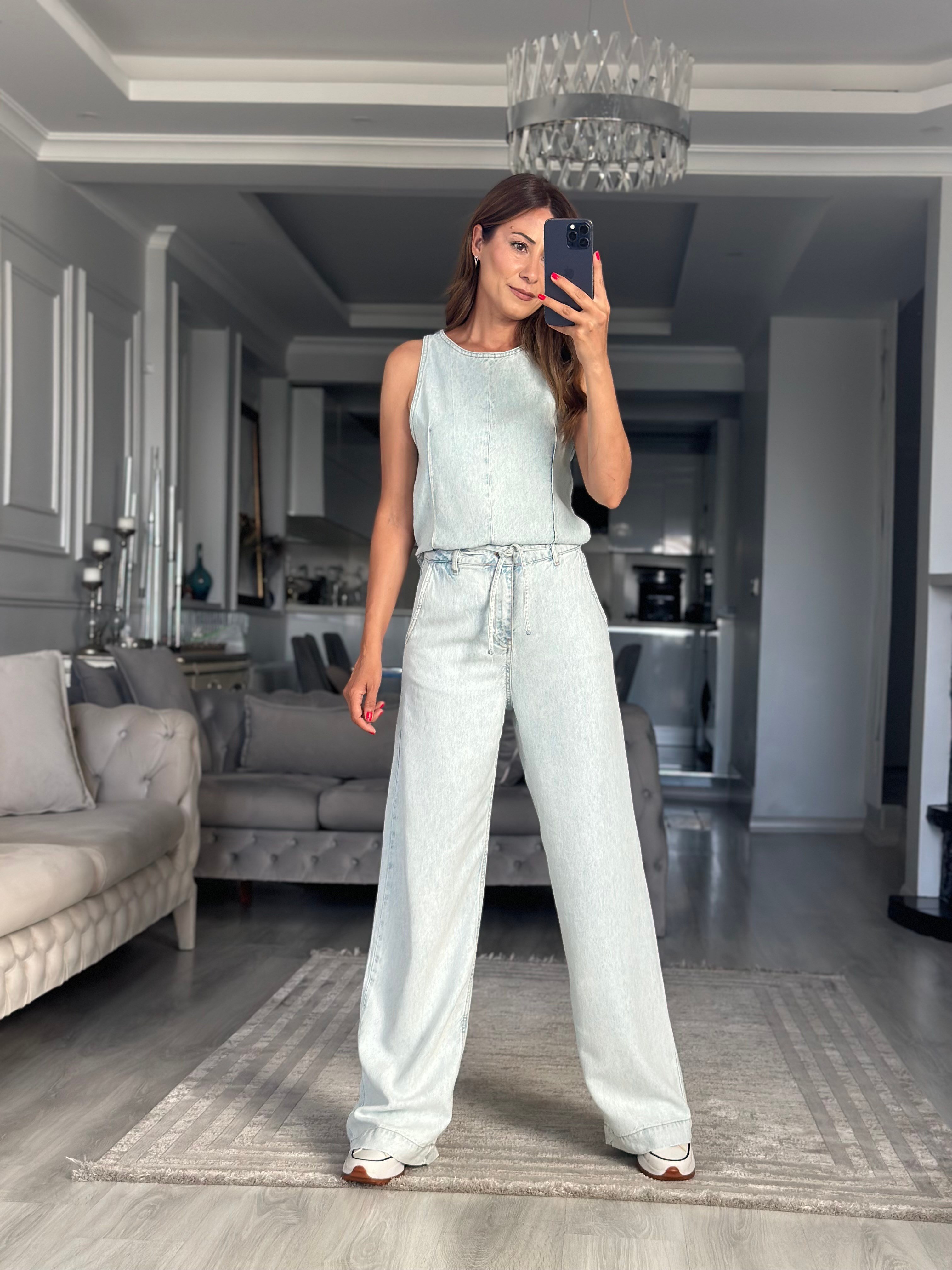 Buz Mavi Tensel Denim Kolsuz Bluz Pantolon Kadın İkili Takım
