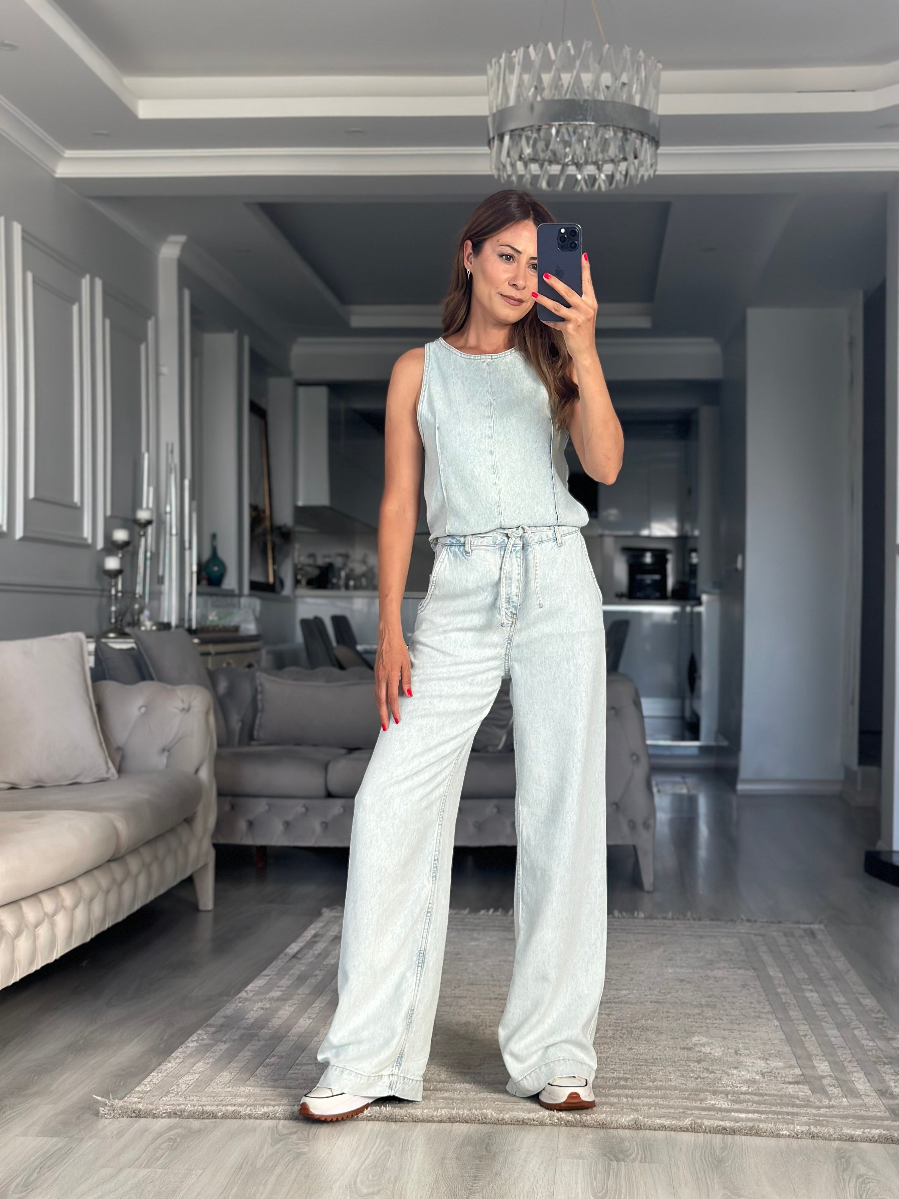 Buz Mavi Tensel Denim Kolsuz Bluz Pantolon Kadın İkili Takım