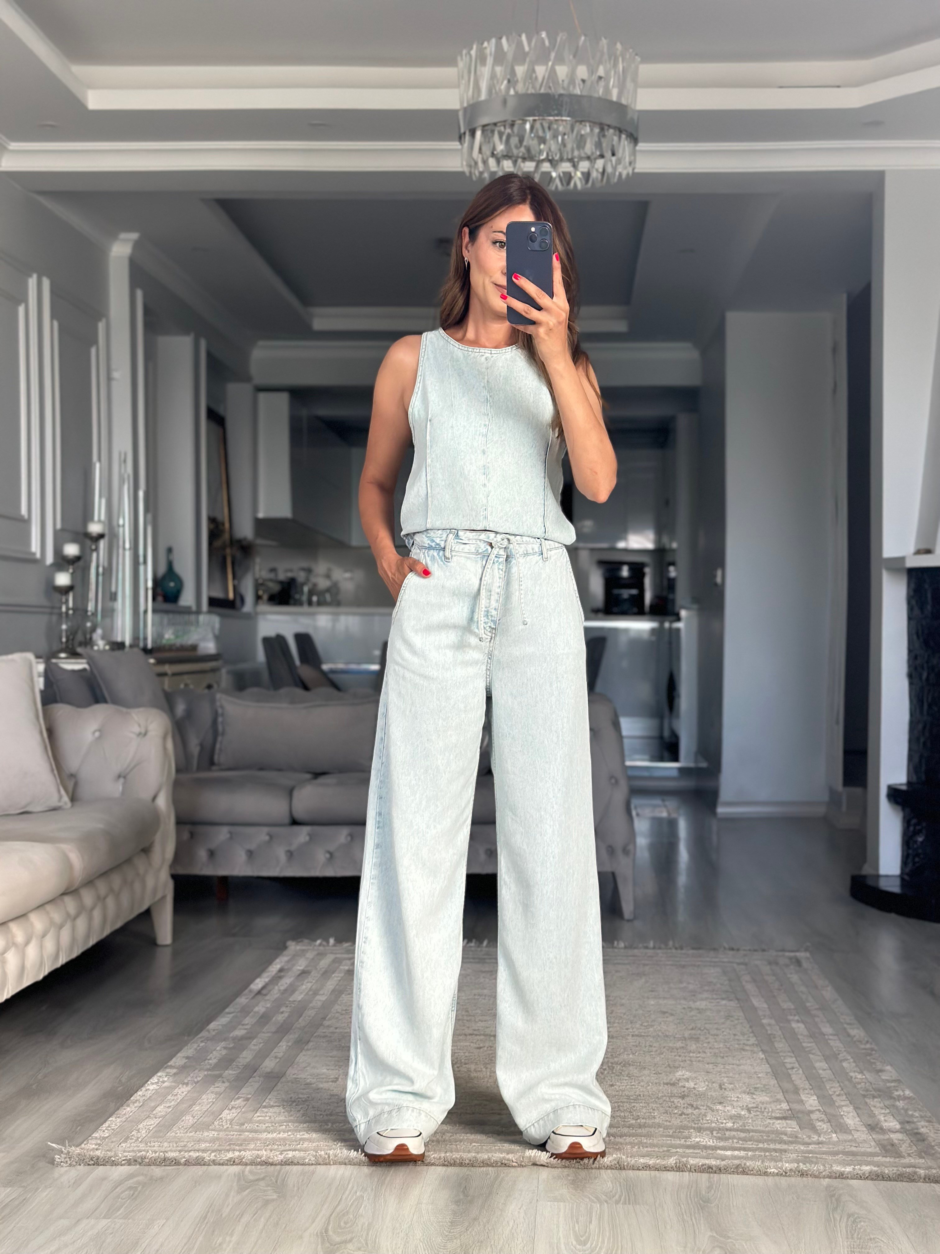 Buz Mavi Tensel Denim Kolsuz Bluz Pantolon Kadın İkili Takım